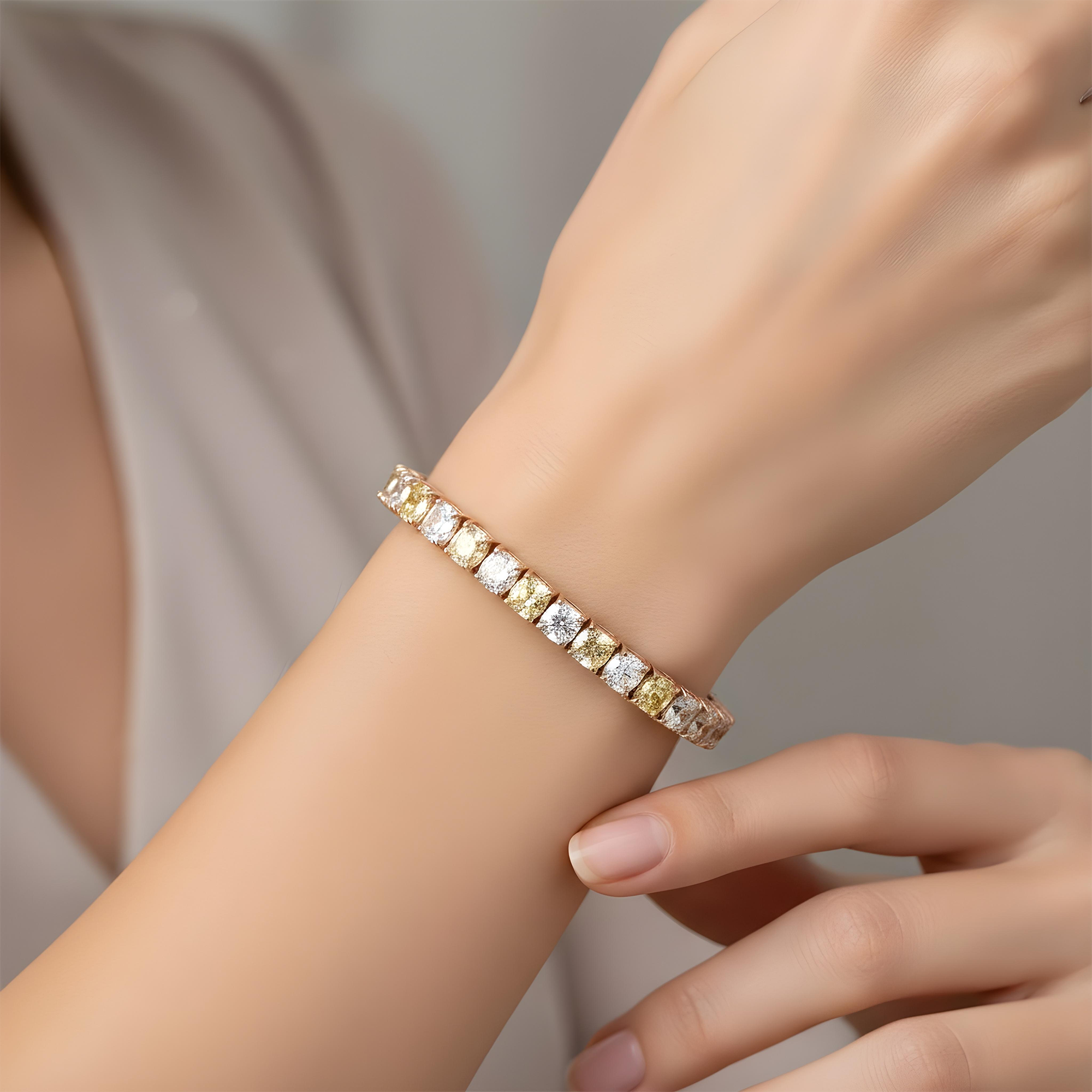 18K Two Tone Fancy Light Yellow & White Cushion Cut Diamond Tennis Bracelet 31.02ct