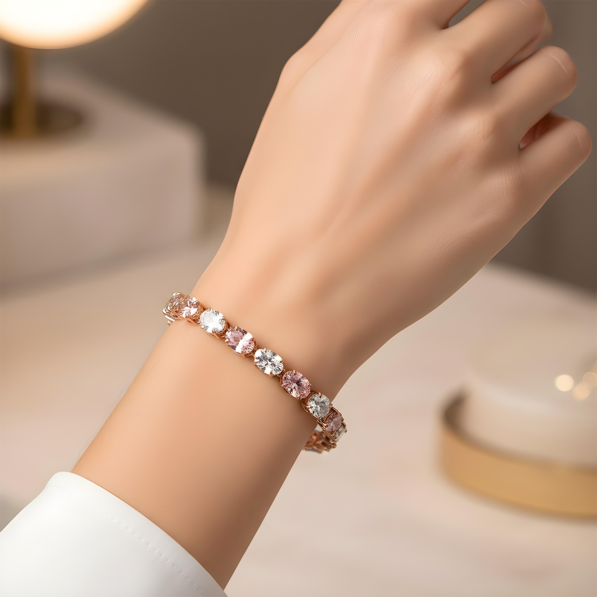18K White Gold Oval Cut White & Fancy Pink Diamond Bracelet 19.39ct