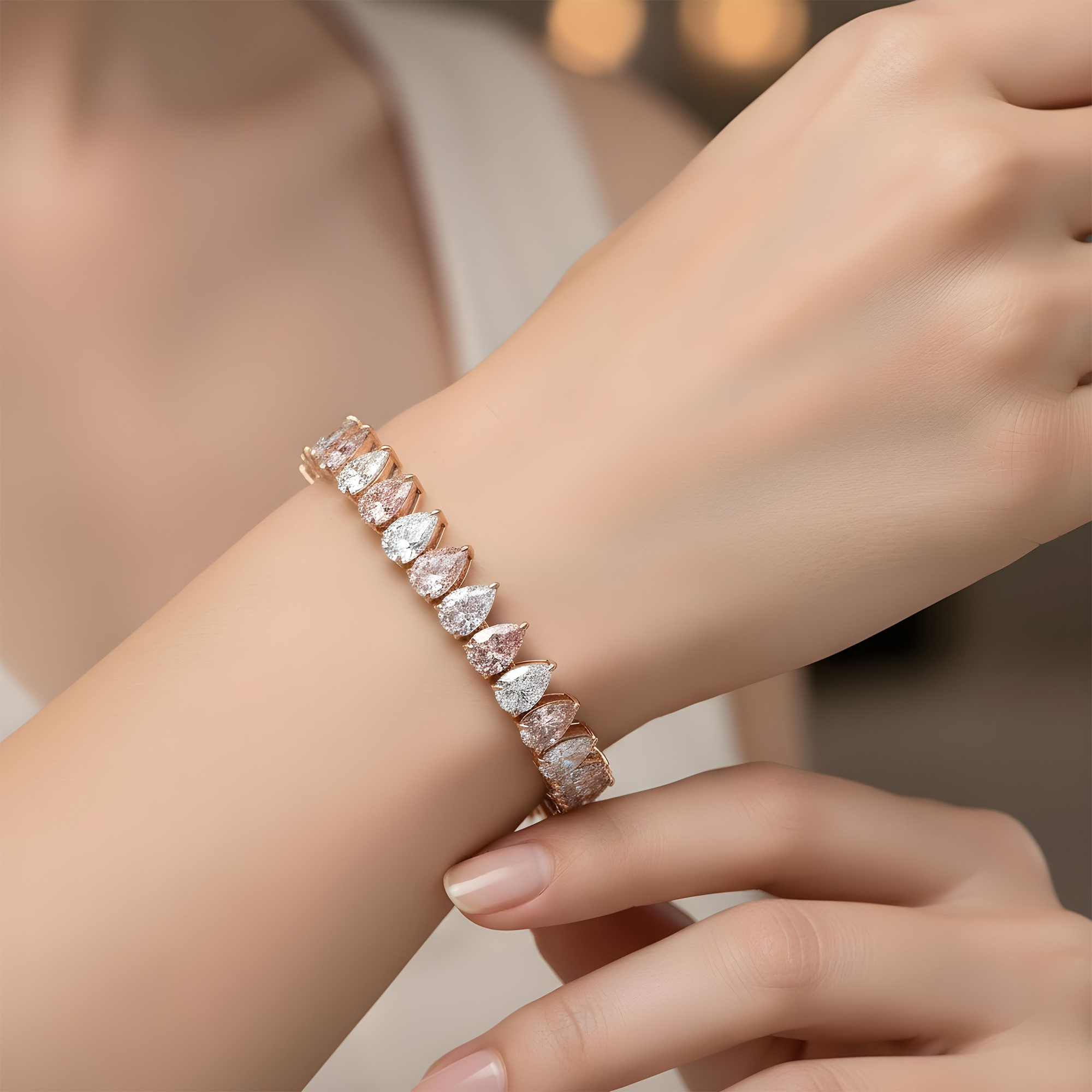 18K White Gold Pear Cut Fancy Pink & White Diamond Bracelet 27.60