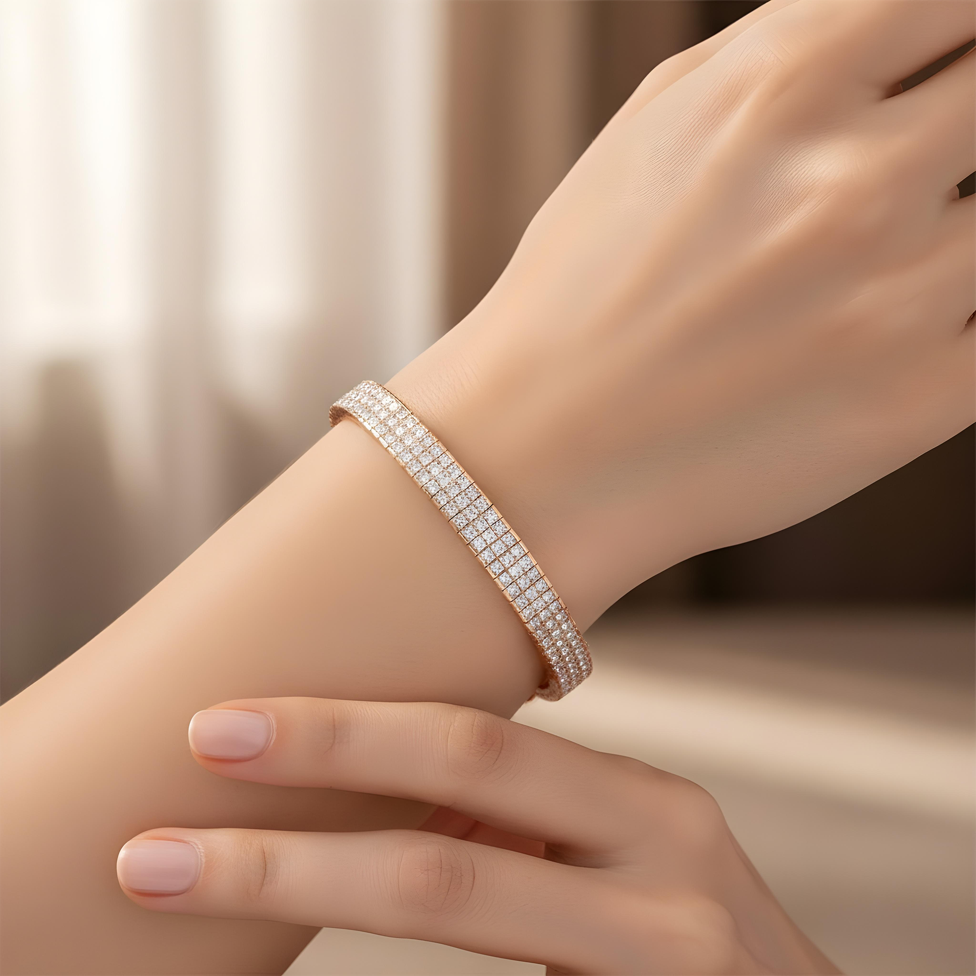 18K White Gold Triple Row Princess Cut Diamond Bracelet 16.57ct