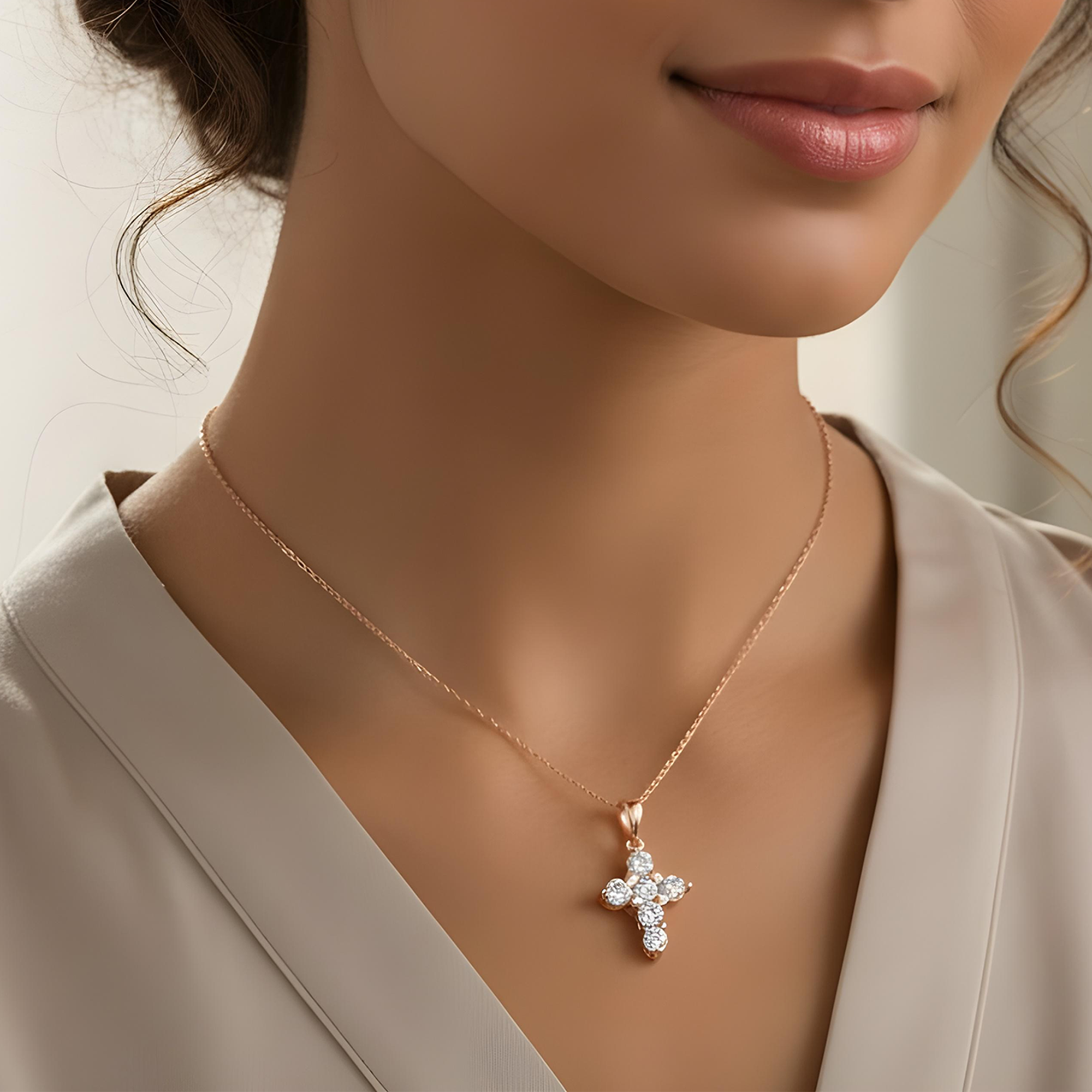14K White Gold Round Diamond Cross Pendant & Chain Necklace