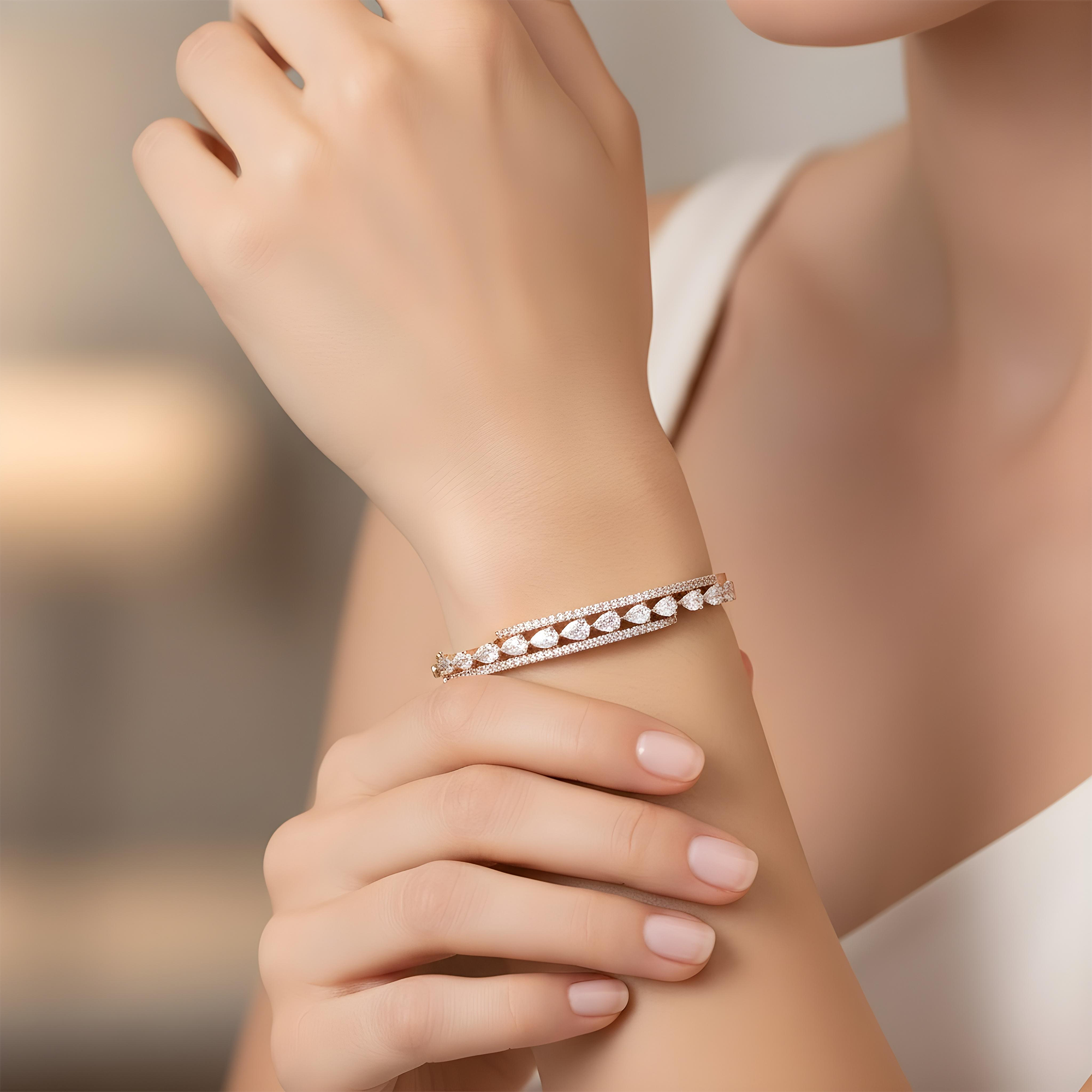 White Gold Round & Pear Cut Diamond Bangle Bracelet 4.78ct