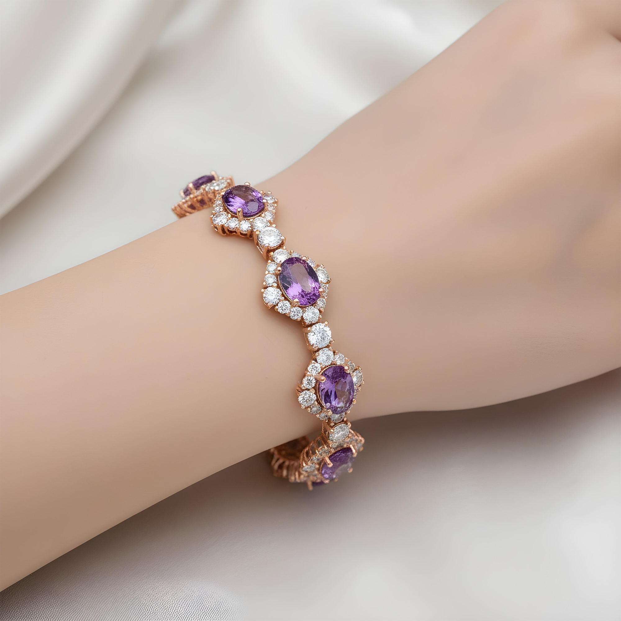 White Gold Oval Cut Amethyst & Round Diamond Bracelet 27.42ct
