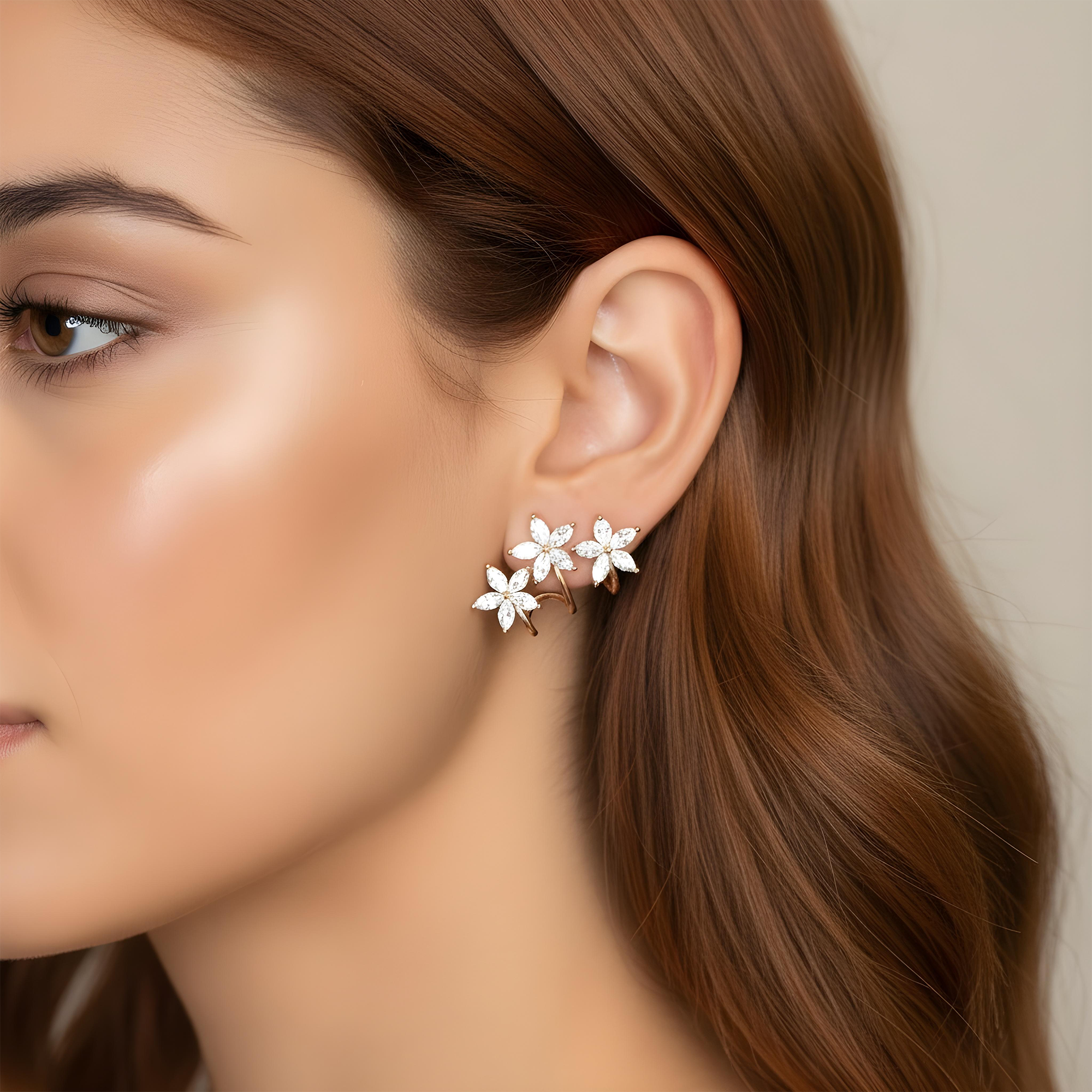 White Gold Marquise Cut Diamond Flower Climber Earrings 3.78ctw