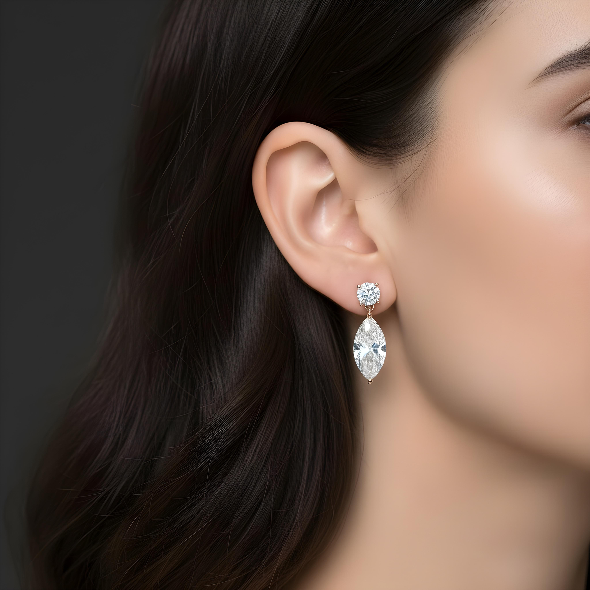 White Gold Round & Marquise Diamond Short Drop Earrings 2.07ctw