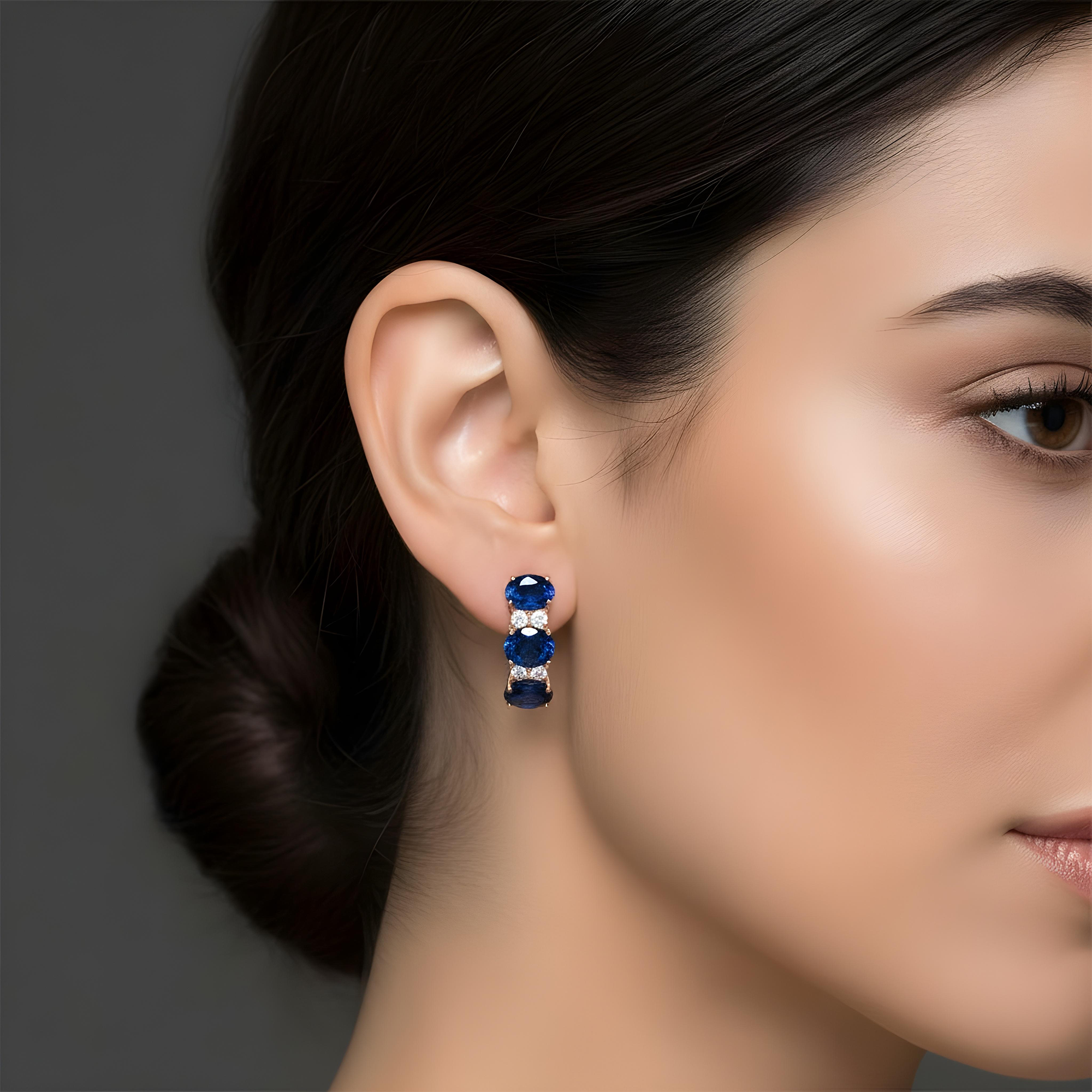 White Gold Oval Sapphire & Round Diamond Half Hoop Earrings