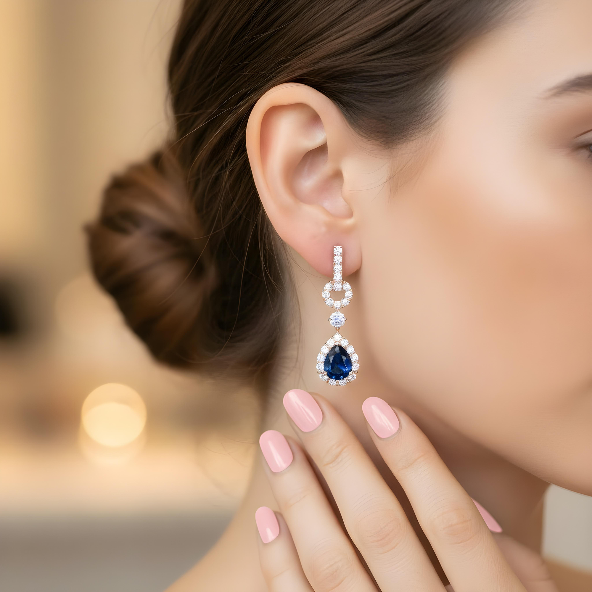 White Gold Pear Cut Sapphire & Round Diamond Drop Earrings 6.50ctw