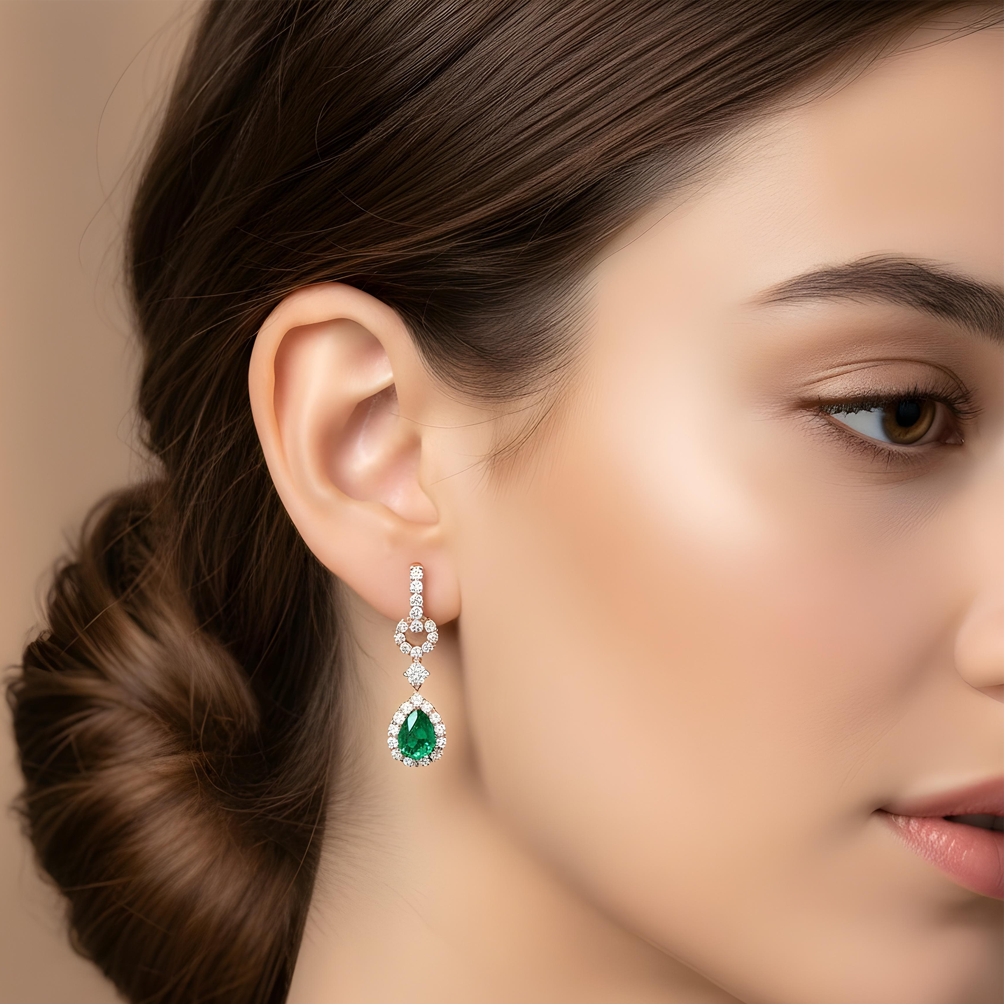 White Gold Pear Cut Emerald & Round Diamond Drop Earrings 5.63ctw