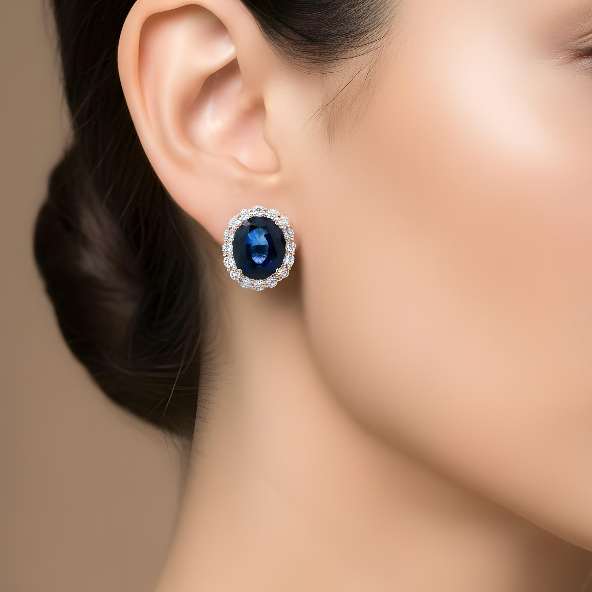 White Gold Oval Cut Sapphire & Round Diamond Stud Earrings 14.59ctw