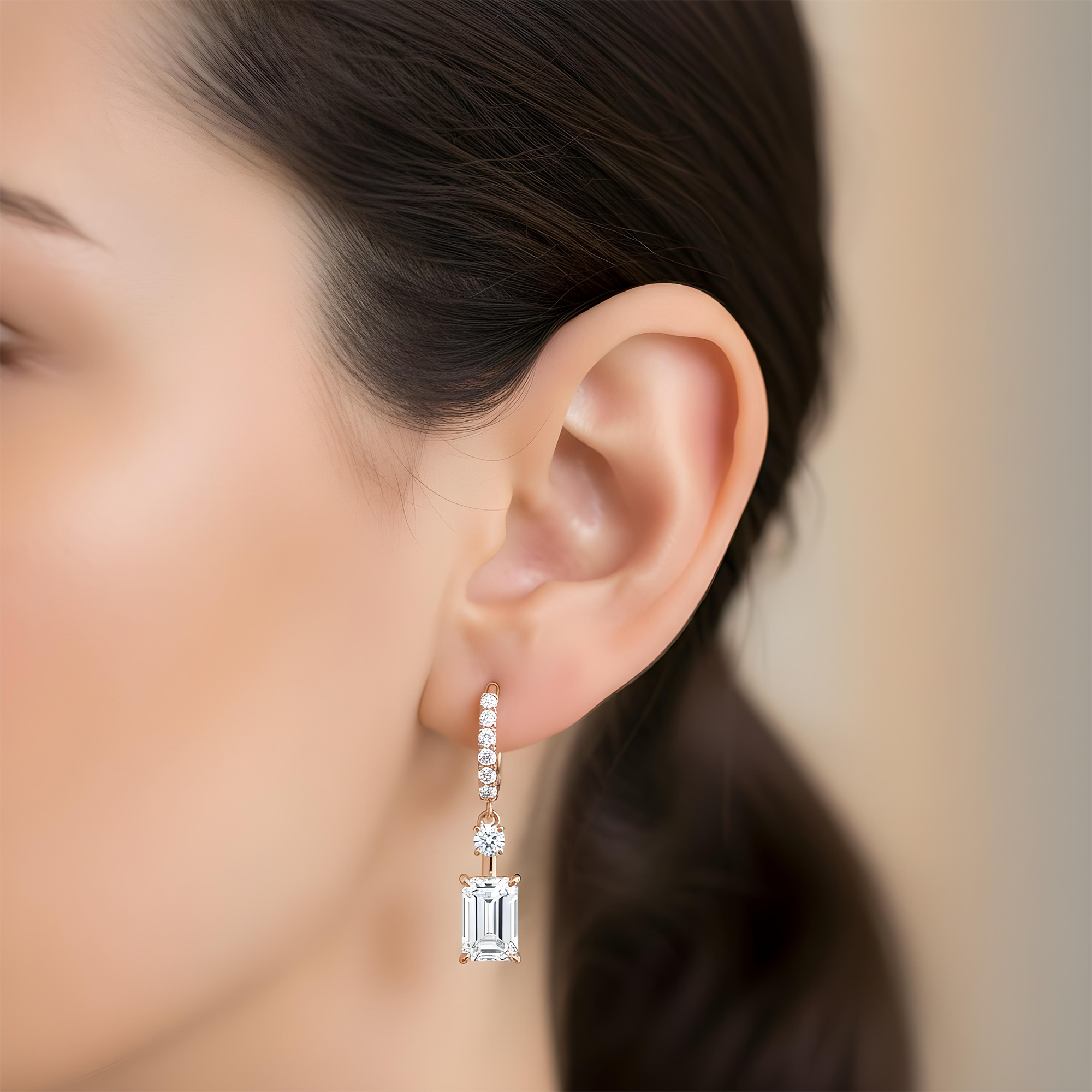 White Gold Round & Emerald Cut Diamond Drop Earrings 2.11ctw