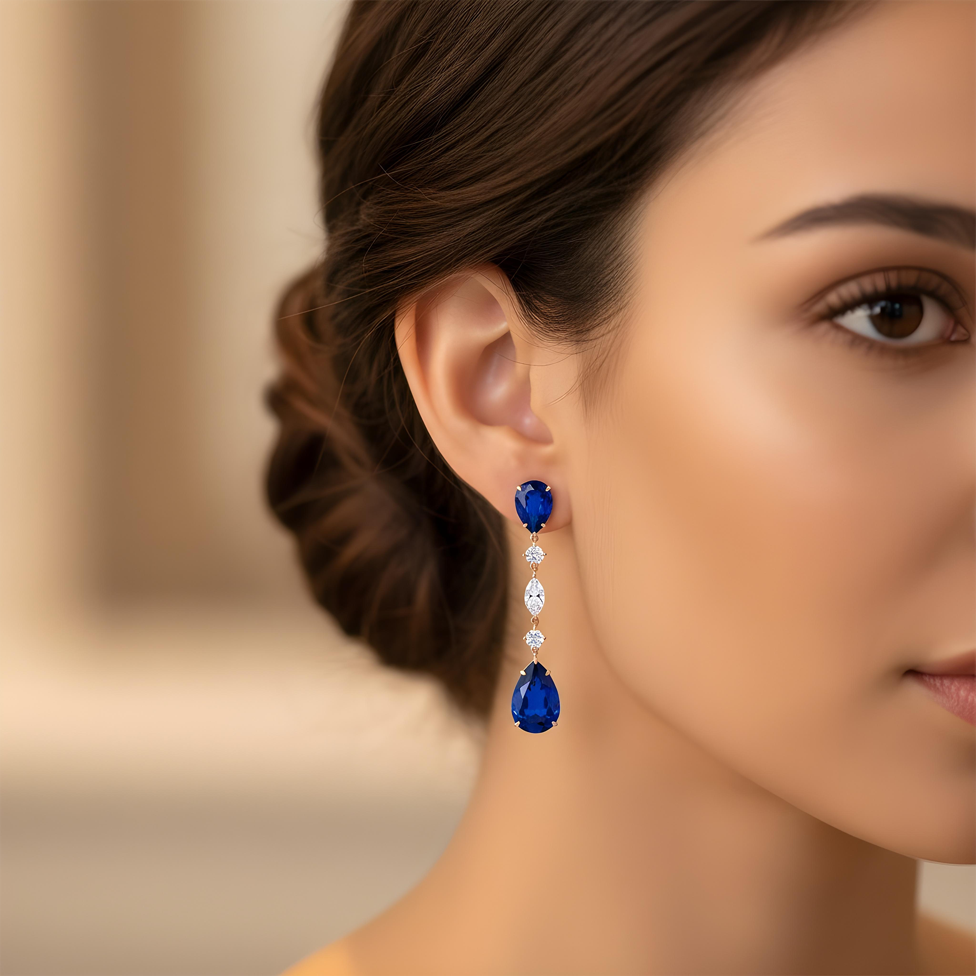 White Gold Pear Cut Sapphire & Multi Cut Diamond Drop Earrings 24.98ctw