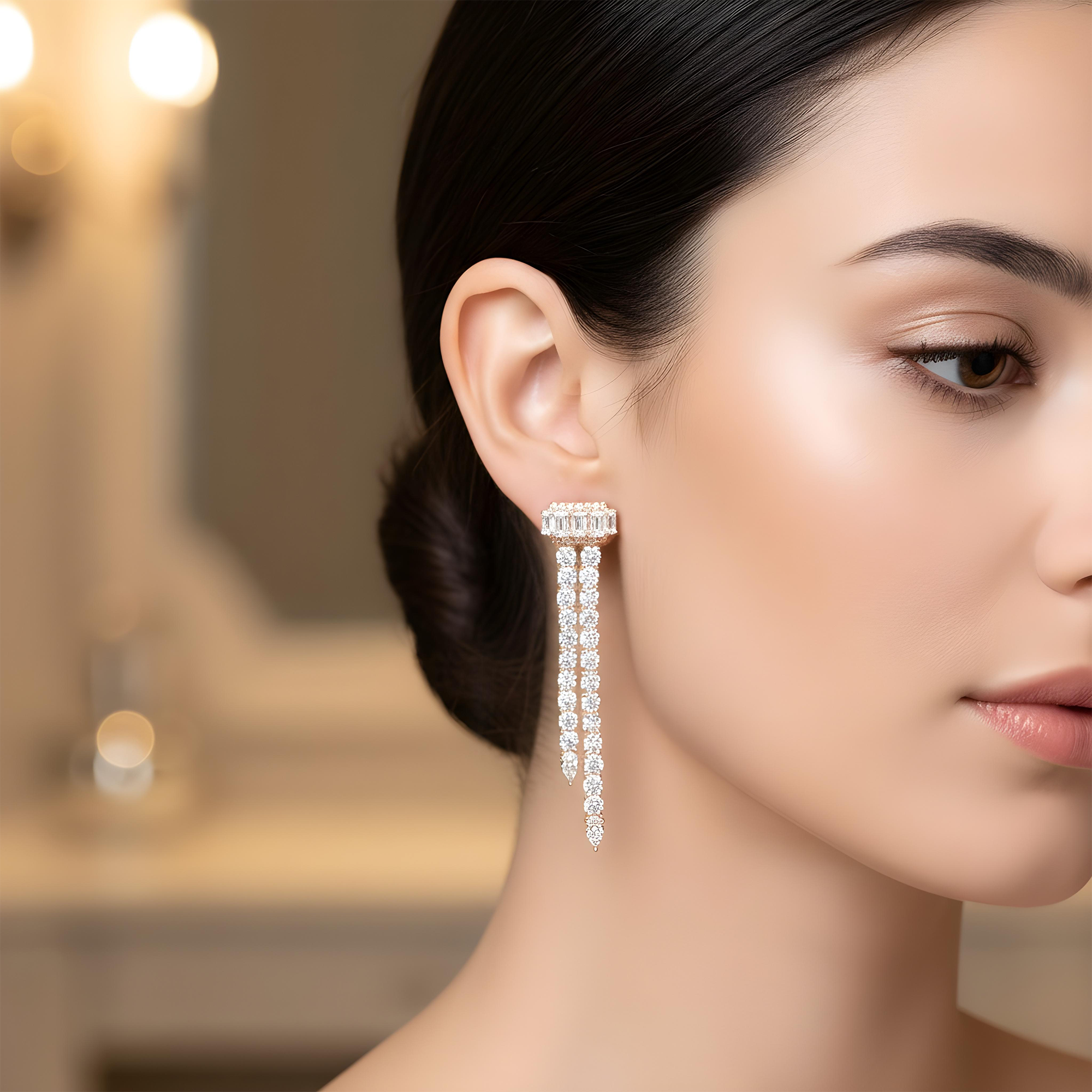 White Gold Emerald Cut & Round Diamond Drop Earrings 10.35ctw