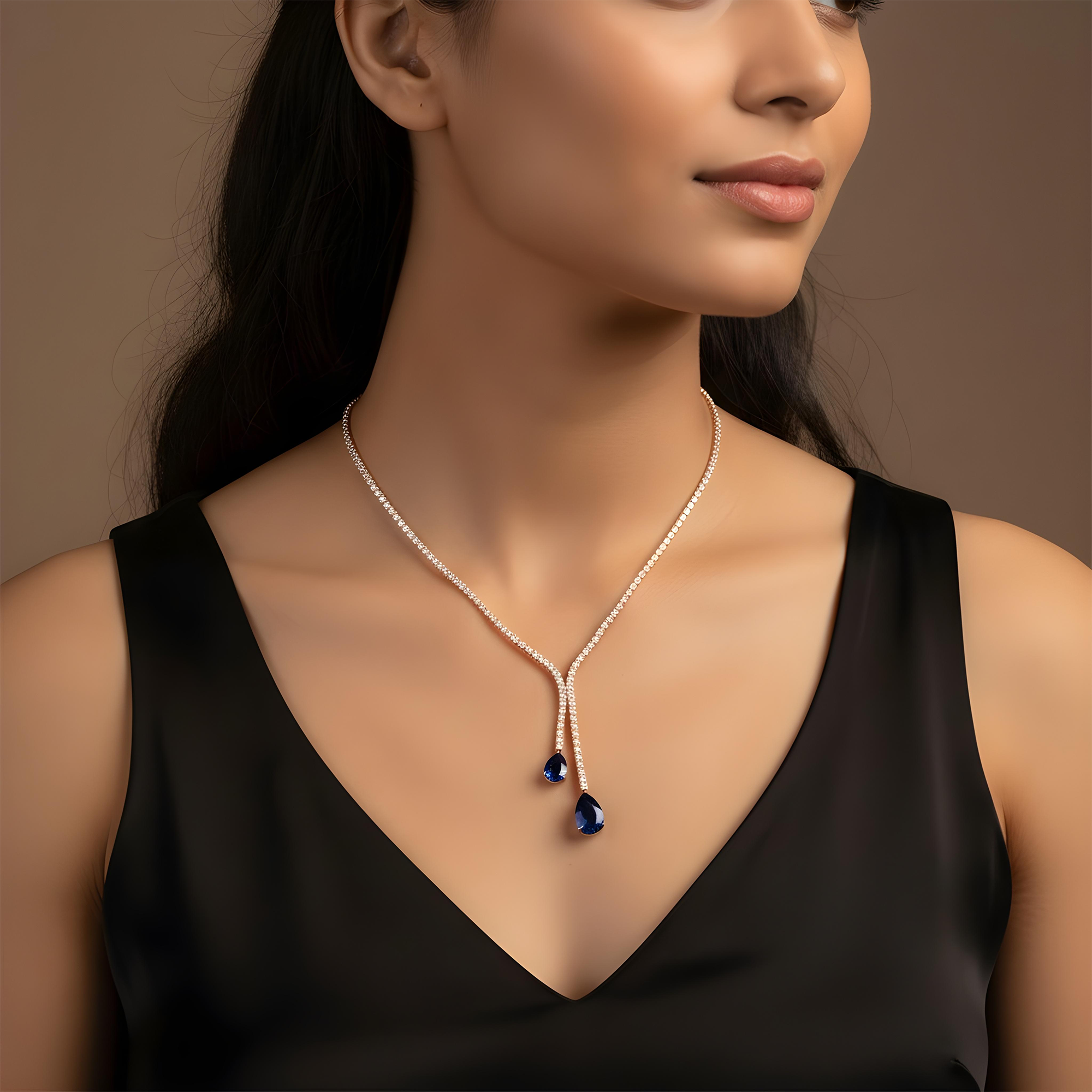 White Gold Round Cut Diamond & Pear Cut Sapphire Drop Necklace 25.87ctw