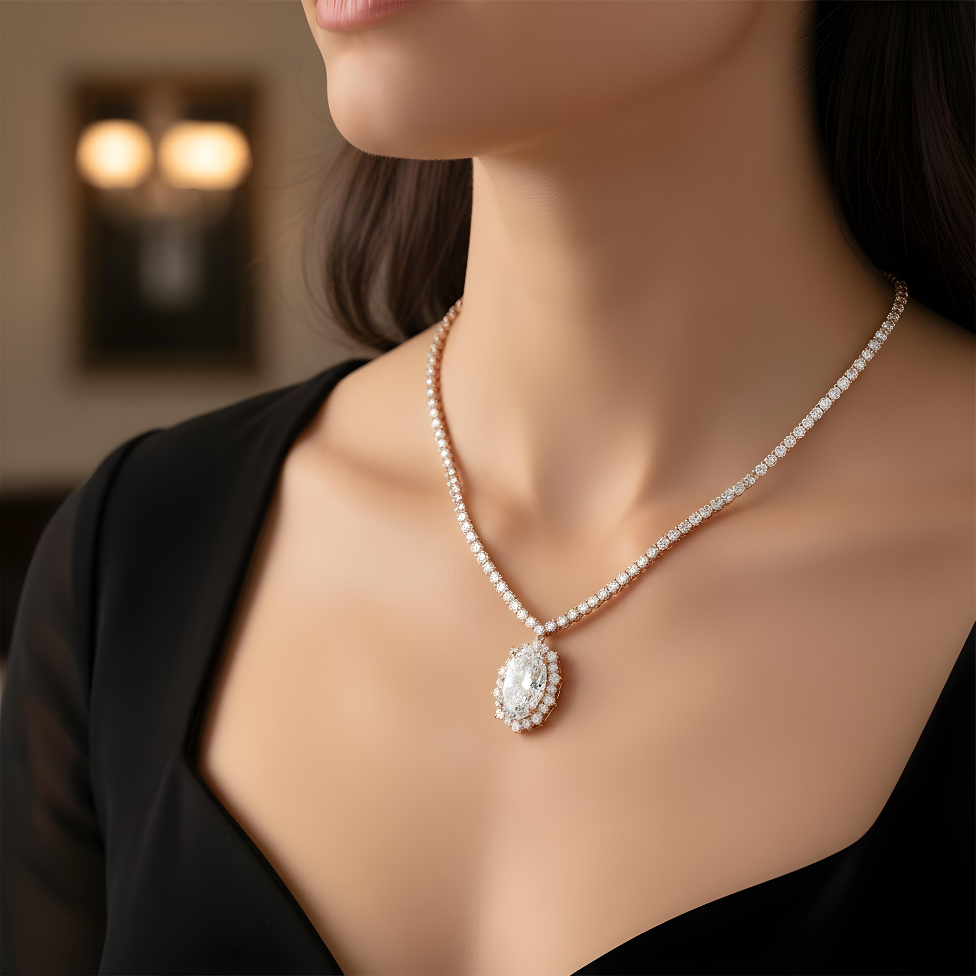 IGI 18K White Gold Oval Cut Diamond Necklace 19.8ct
