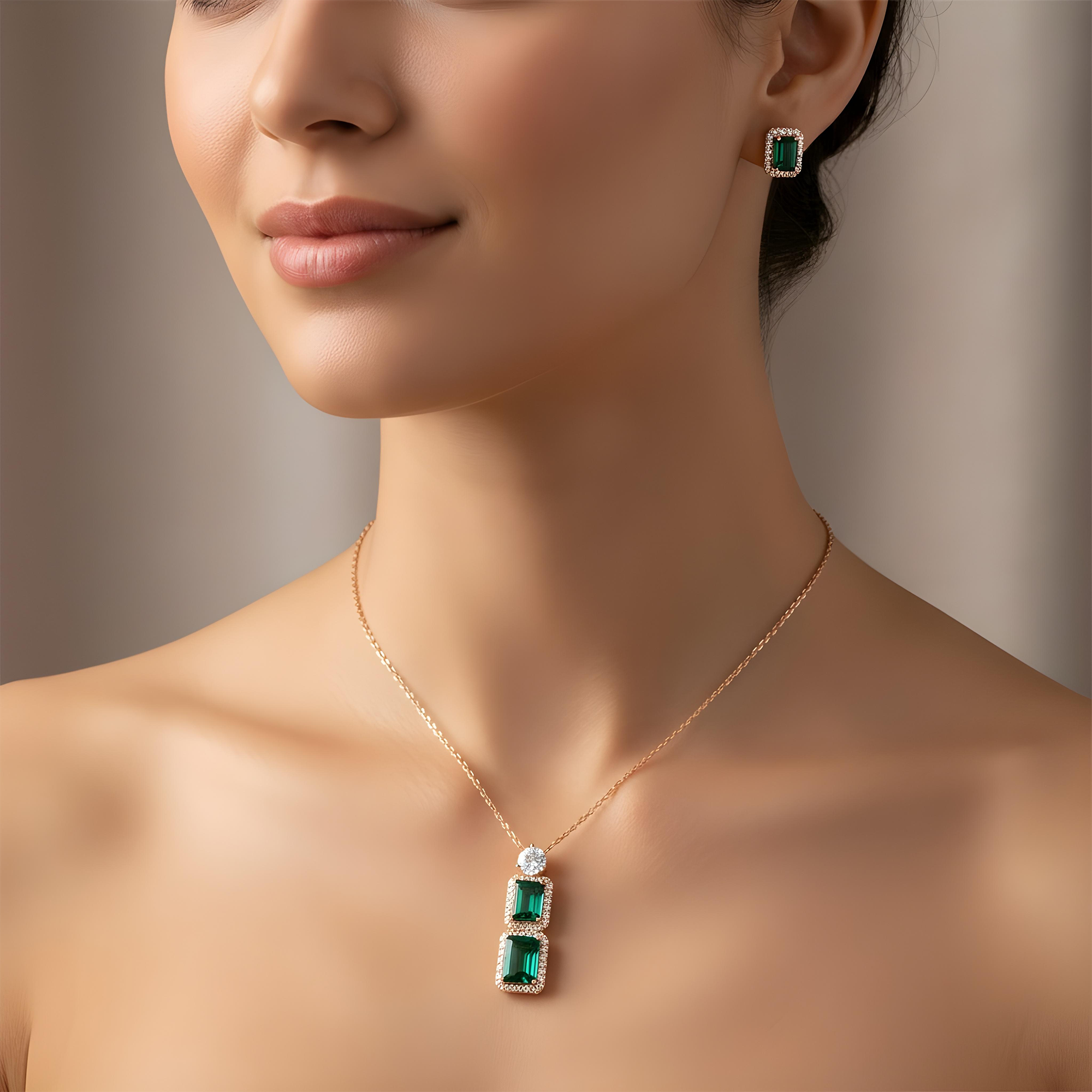 White Gold Emerald & Round Diamond Drop Necklace 3.94ct