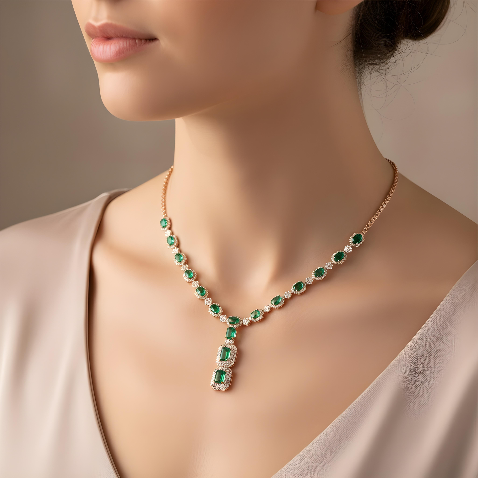 White Gold Multi Cut Emerald & Round Diamond Drop Necklace 22.88ct