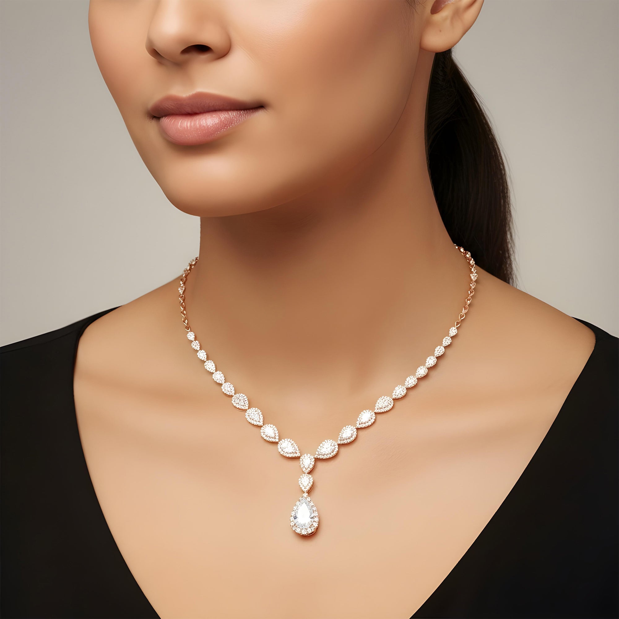 IGI 18K White Gold Round & Pear Cut Diamond Drop Necklace 12.34ct