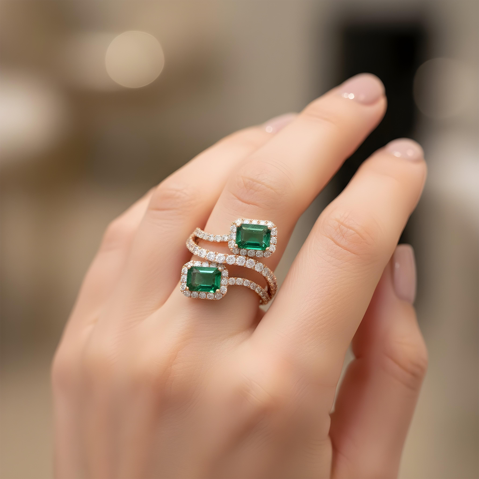 White Gold Emerald Cut Emerald & Round Diamond Wrap Ring 3.31ct