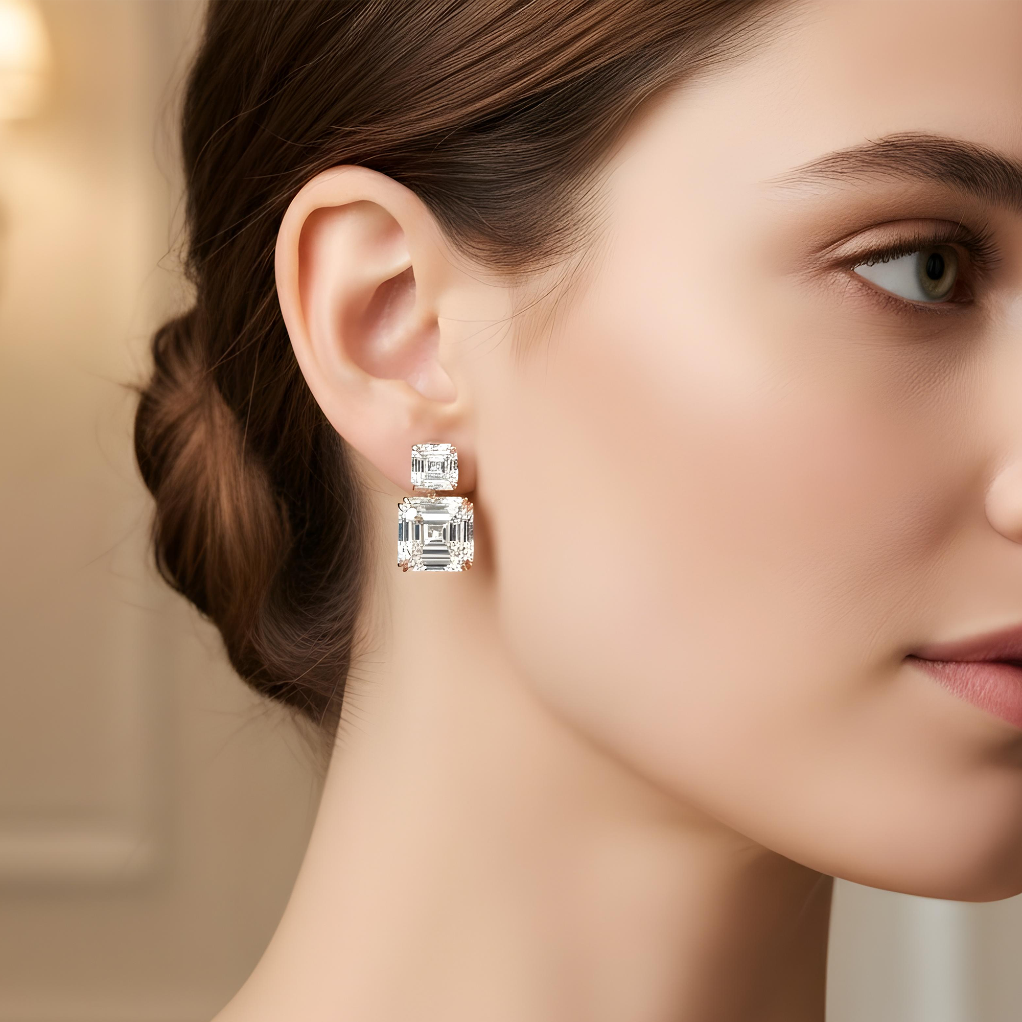 18K White Gold Double Asscher Cut Diamond Short Drop Earrings 24.43ctw