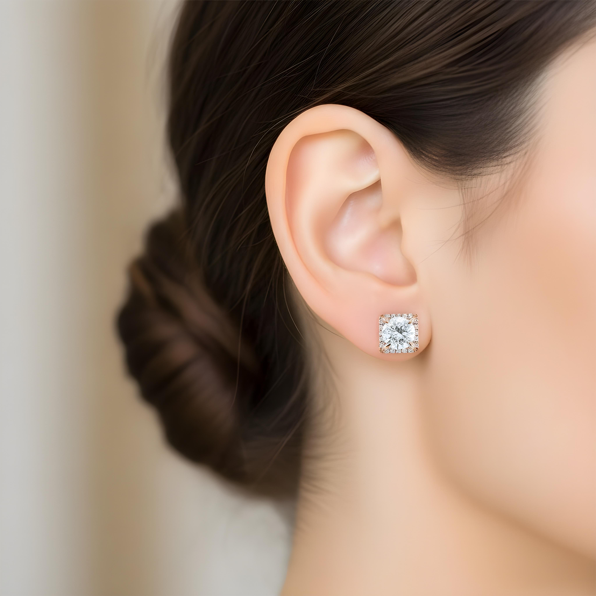 18K White Gold Square Shaped Round Diamond Stud Earrings 2.28ctw