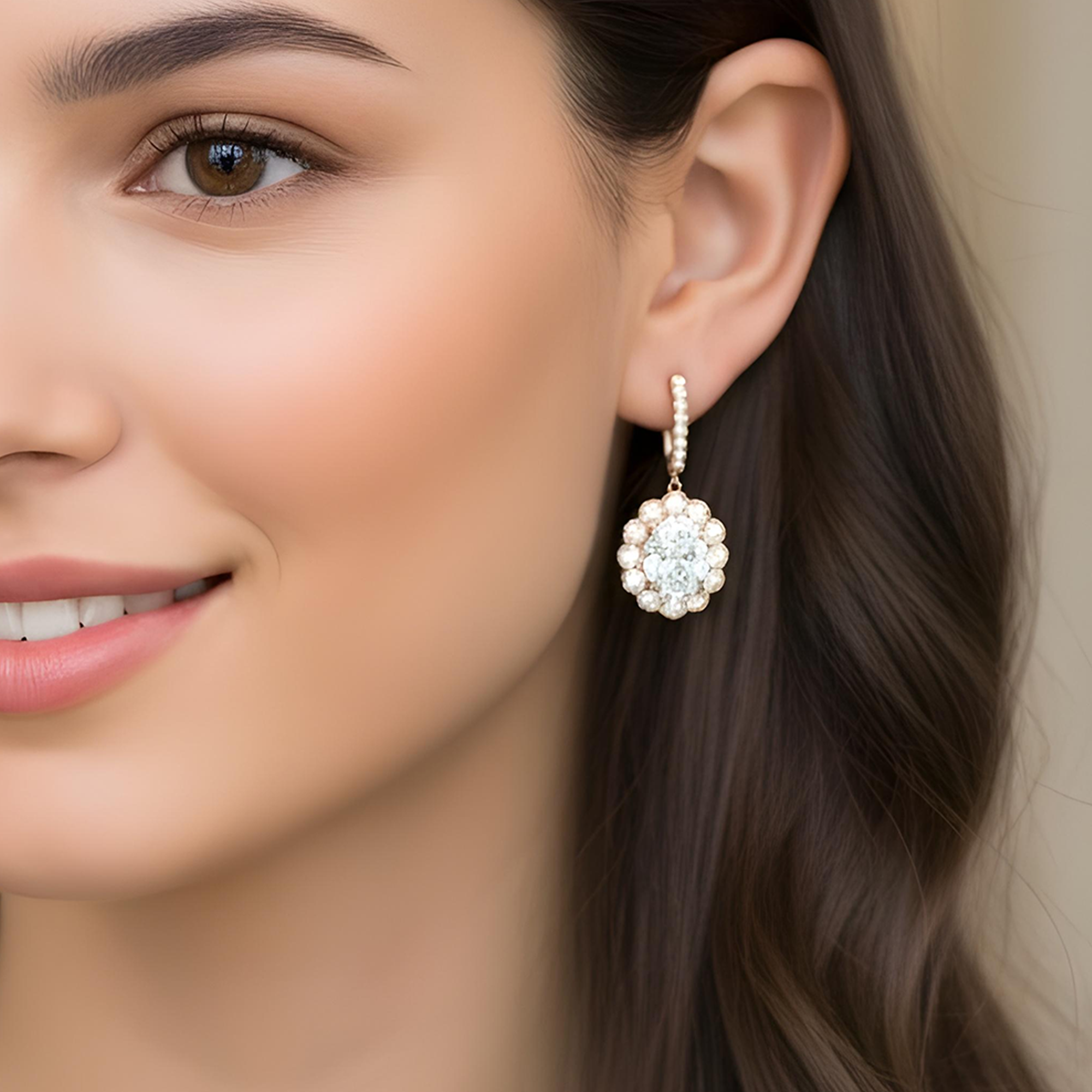 18k White Gold Oval Cut Diamond Drop Earrings W/ Round Diamond Halo 8.27ctw