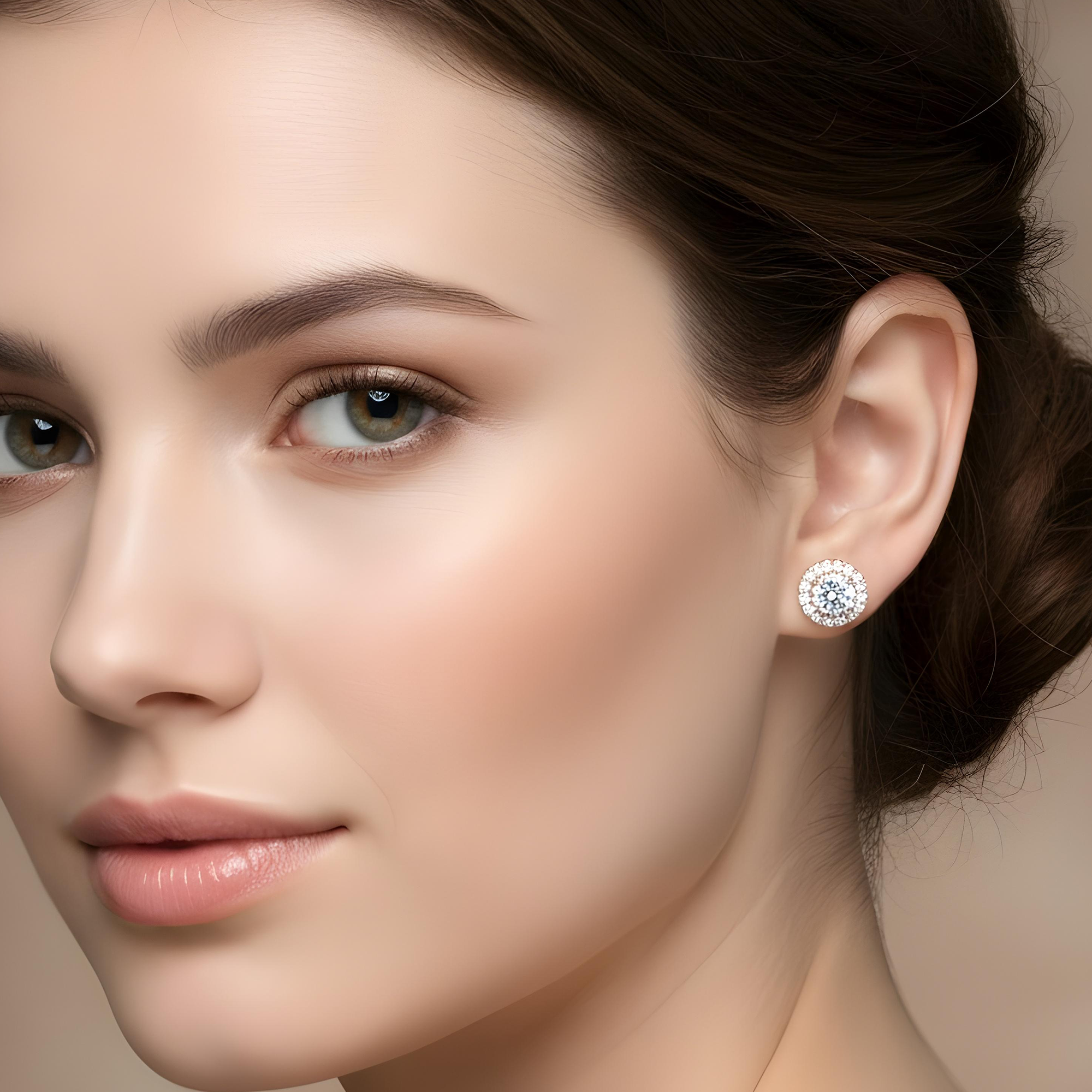18K White Gold Round Diamond Studs w/ Halo 2.78ctw