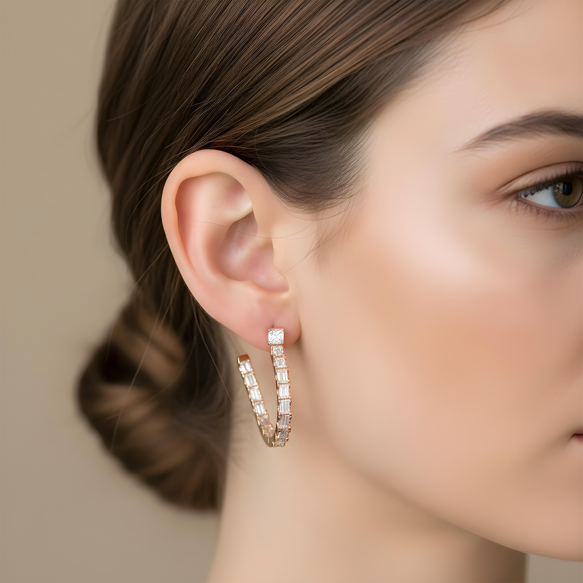 18K White Gold Emerald Cut Diamond Curved Inside Out Hoop Earrings 5.73ctw