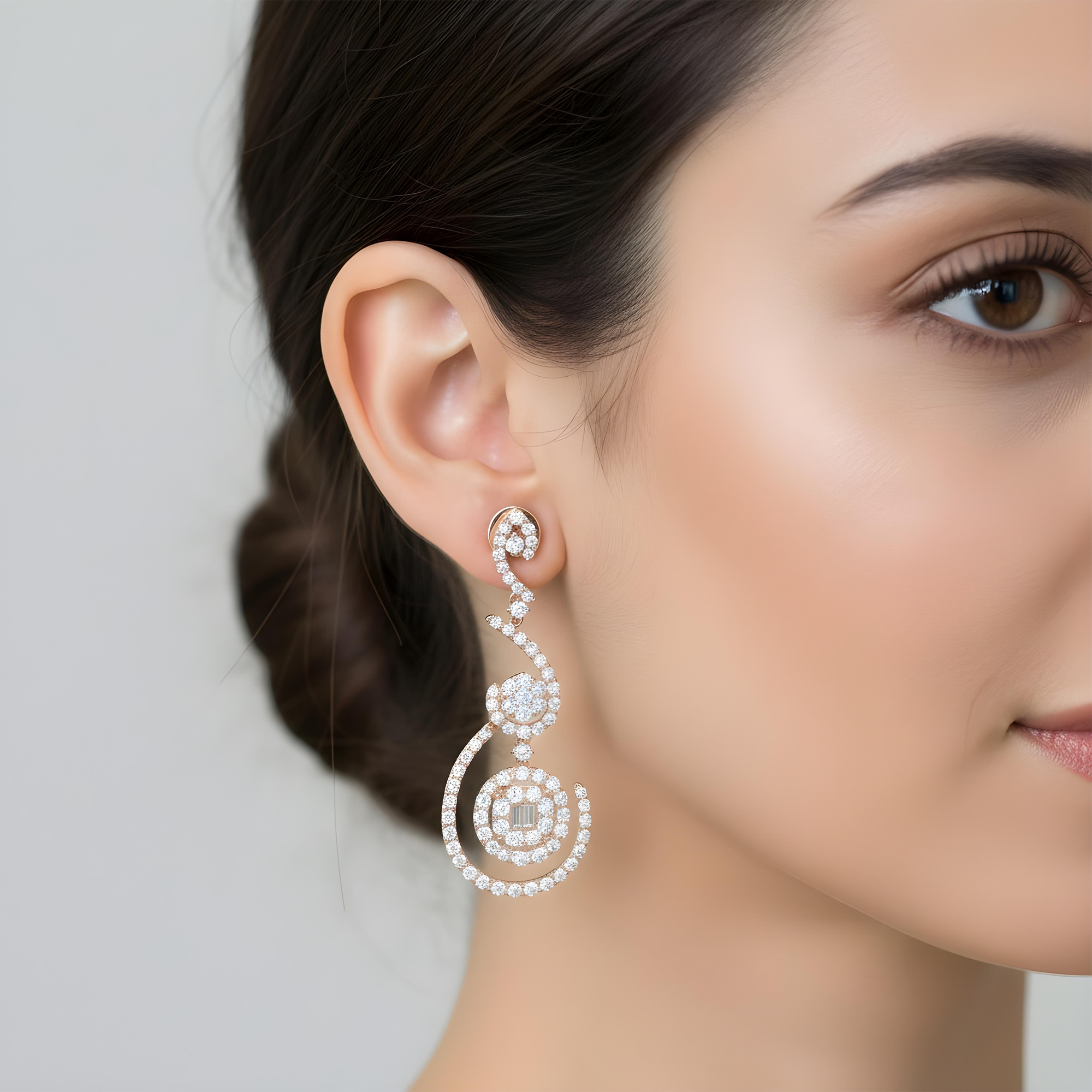 18K White Gold Artistic Round & Baguette Diamond Drop Earrings 5.13ctw