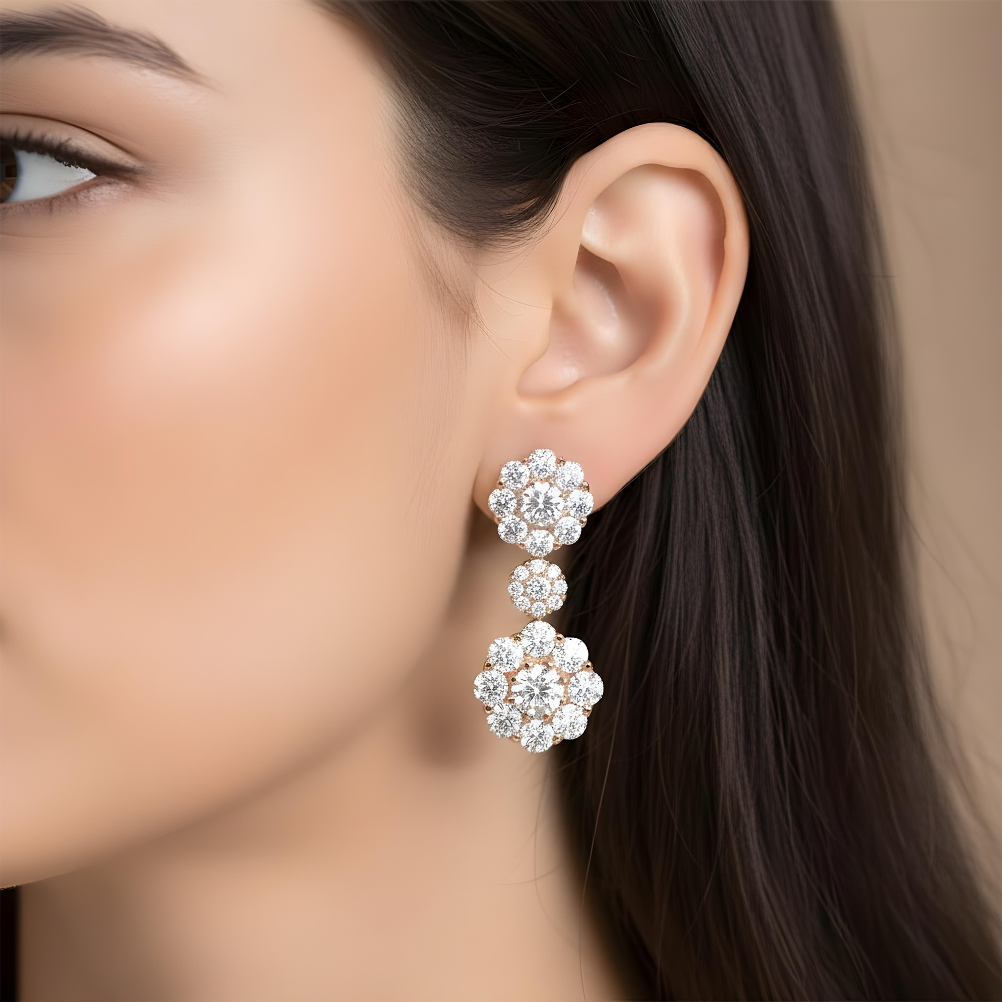 18K White Gold Three Tier Round Diamond Flower Drop Earrings 4.12ctw