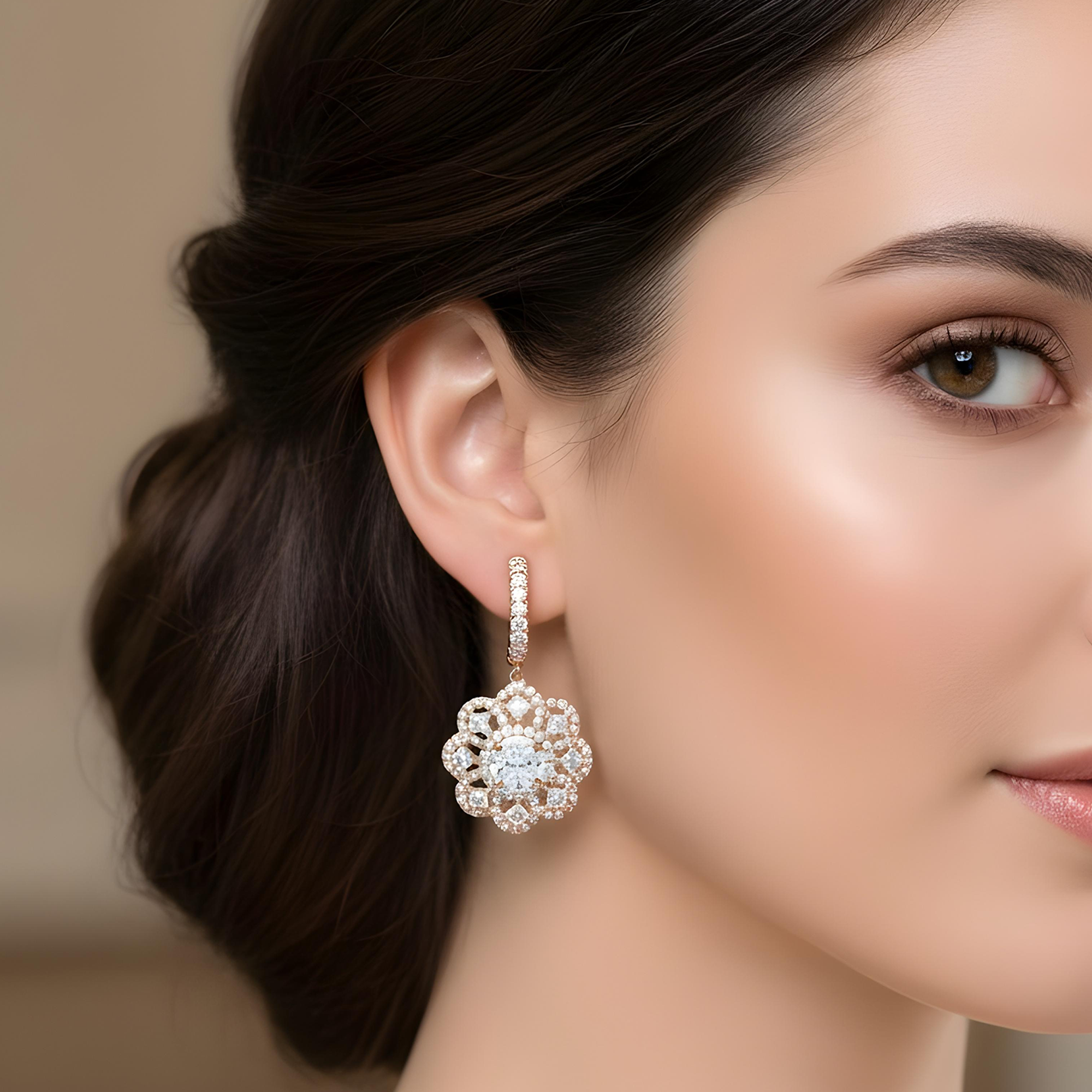 14K White Gold "Lace de Lumiere" Diamond Flower Drop Earrings 3.47ctw
