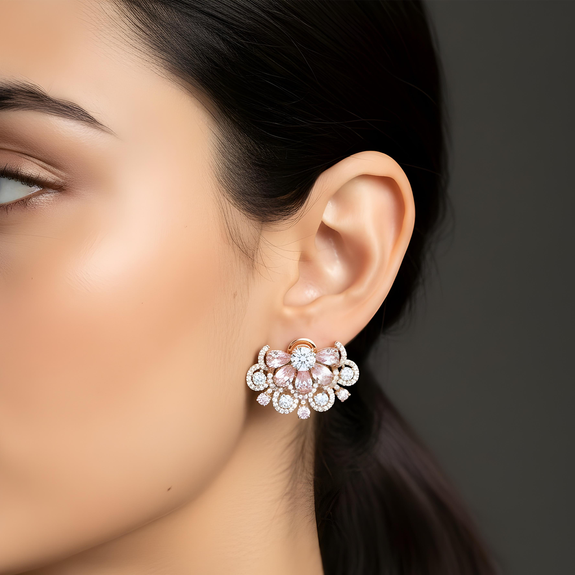 14K White Gold White & Fancy Pink Diamond Blooming Flower Earrings 11.05ctw