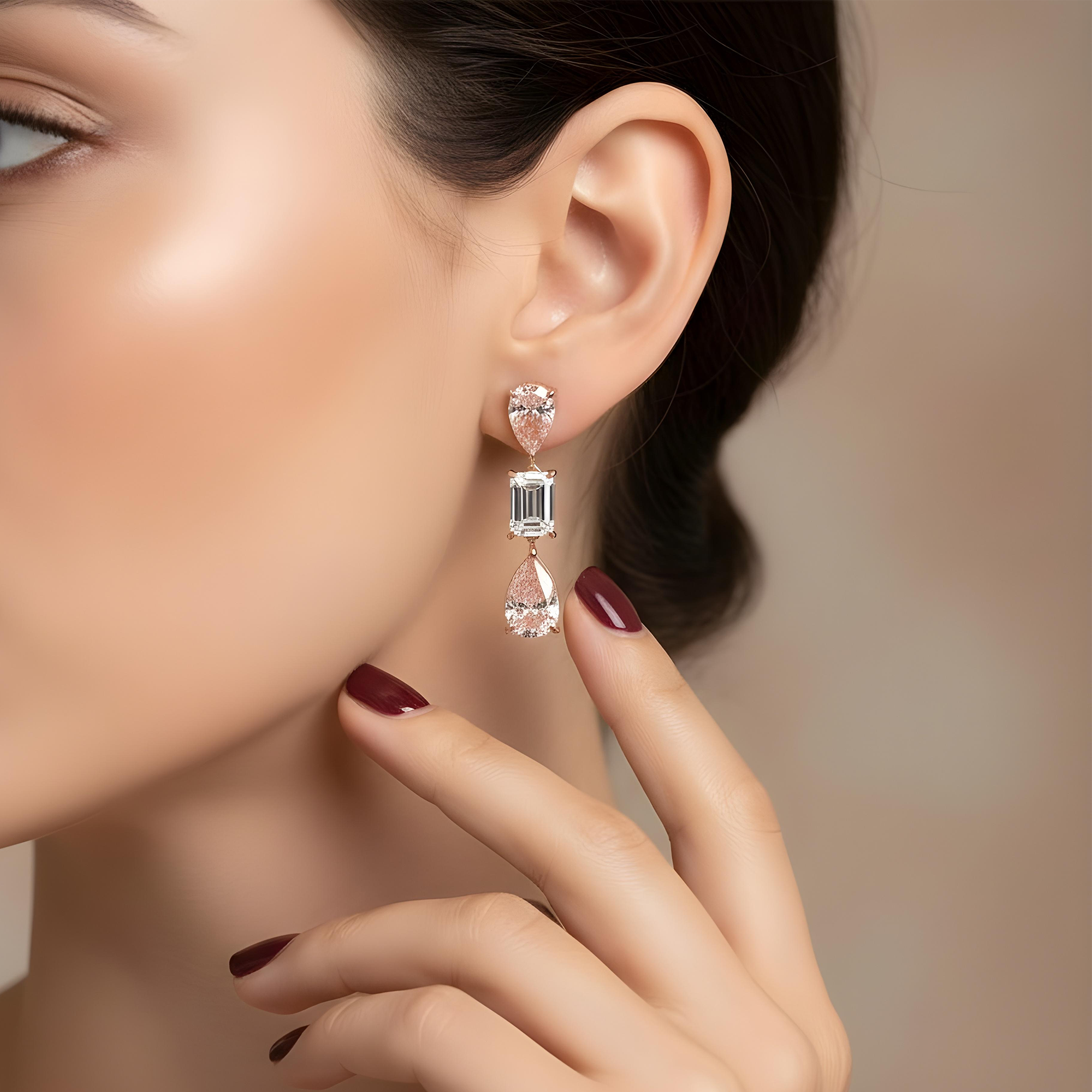 14K White Gold Three Tier Fancy Pink & White Diamond Drop Earrings 4.78ctw