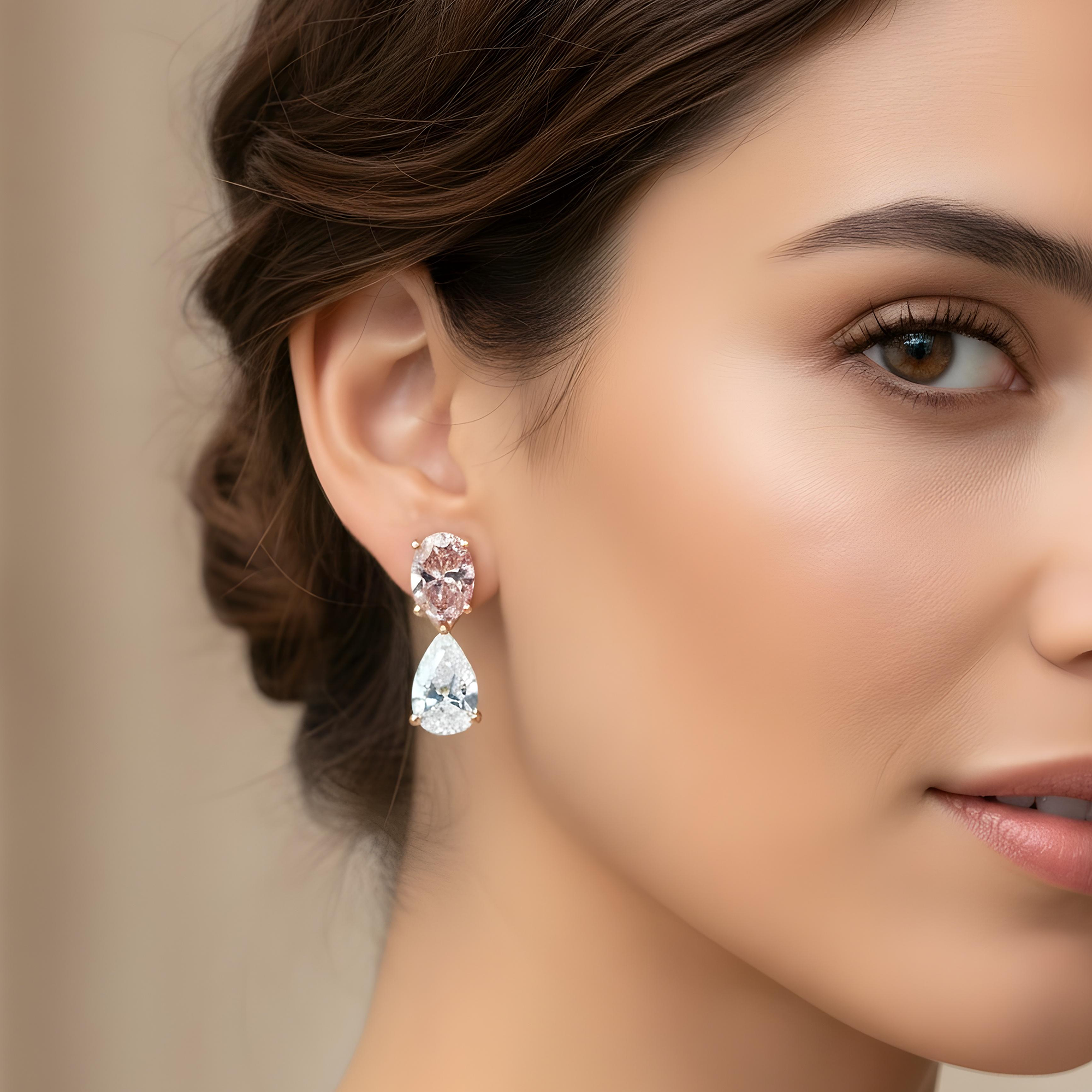 18K White Gold Pear & Oval Cut Pink Vivid Diamond Drop Earrings 4.69ctw