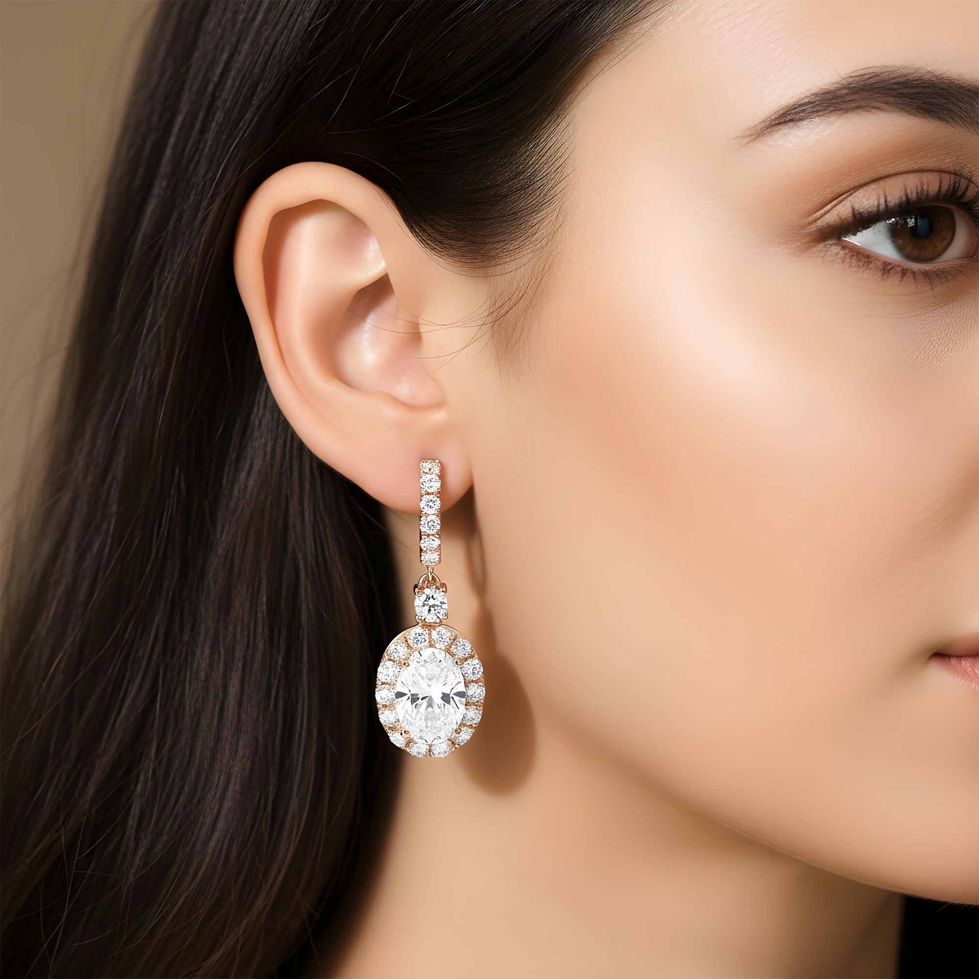 18K White Gold Oval Cut Diamond Drop Earring W/ Round Diamond Halo 5.14ctw