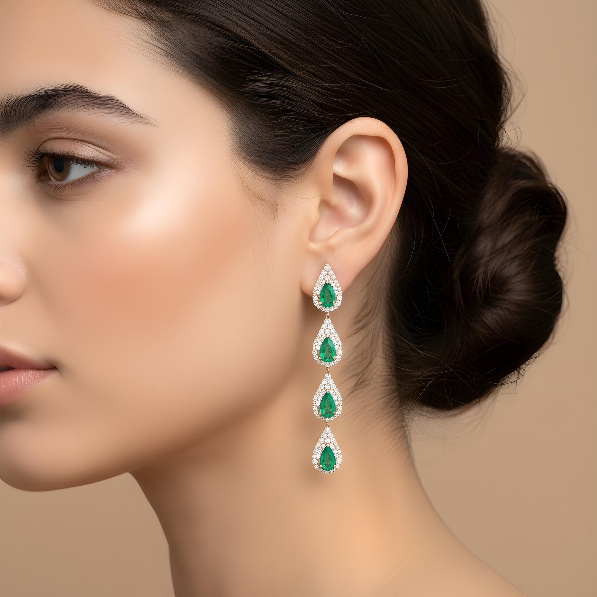 14K Yellow Gold Emerald & Round Diamond Drop Earrings 2.64ctw