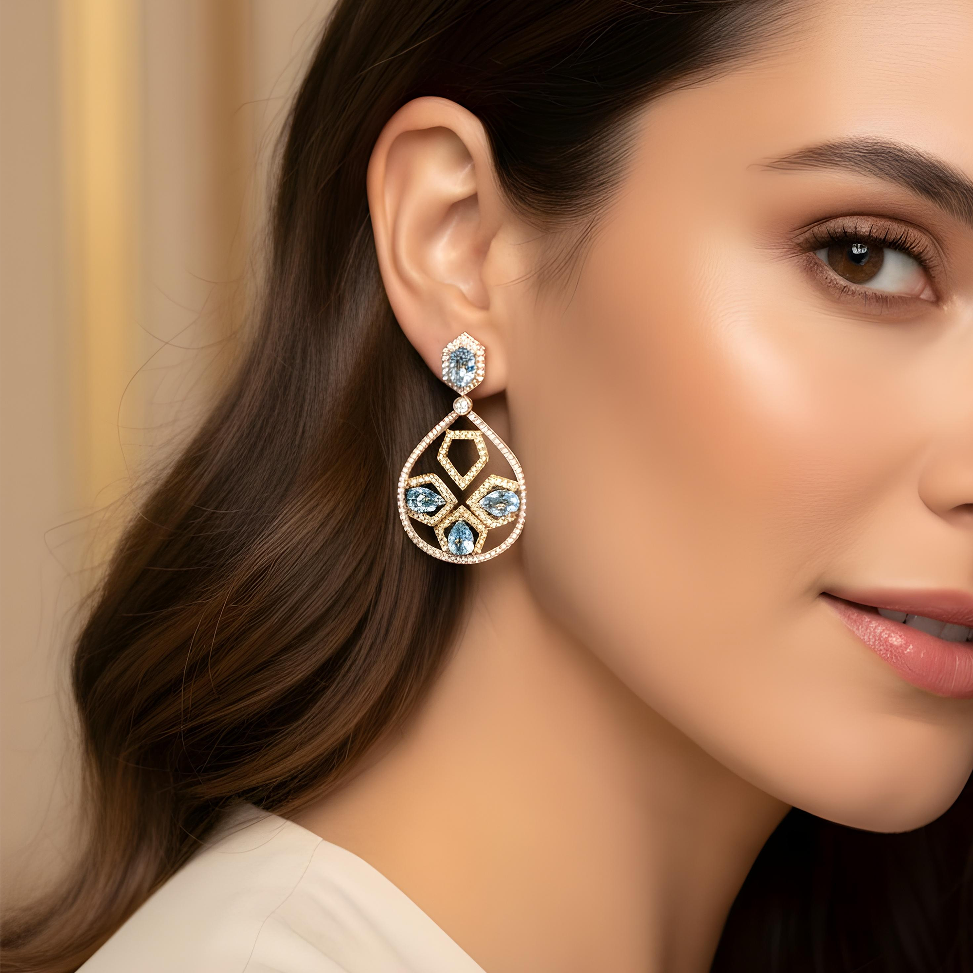 18K Two Tone Blue Diamond Geometric Drop Earrings 11.71ctw
