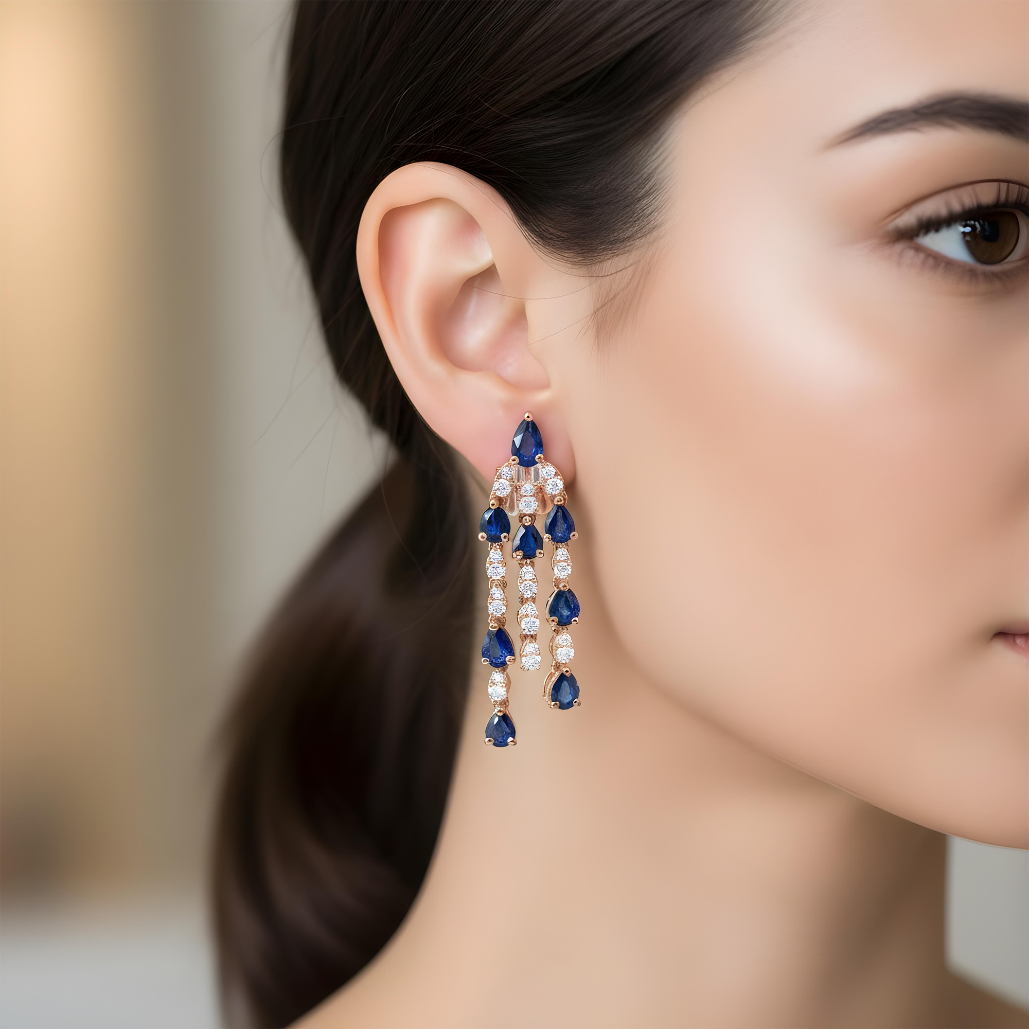 14K White Gold Three Tier Sapphire & Diamond Chandelier Drop Earrings 3.99ctw