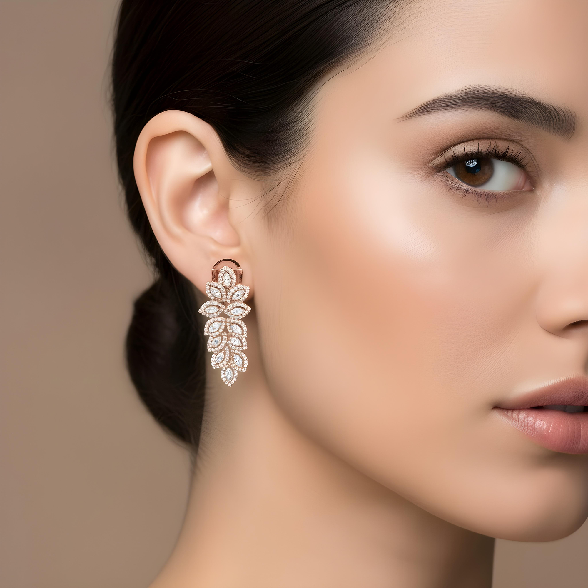 14K Yellow Gold Marquise Cut Diamond Petal Vine Drop Earrings 3.9ctw