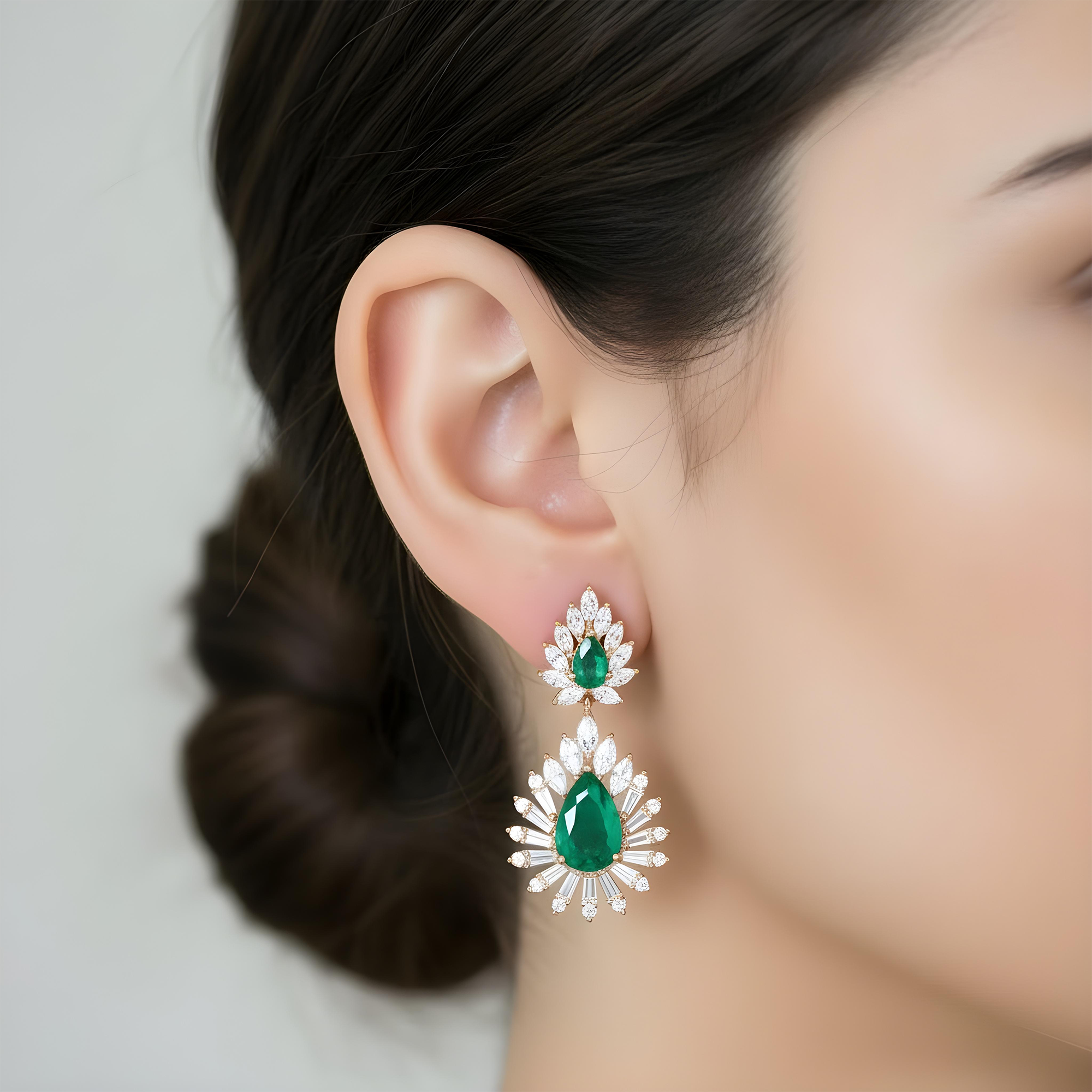 14K White Gold Emerald & Diamond Goddess Drop Earrings 7.41ctw