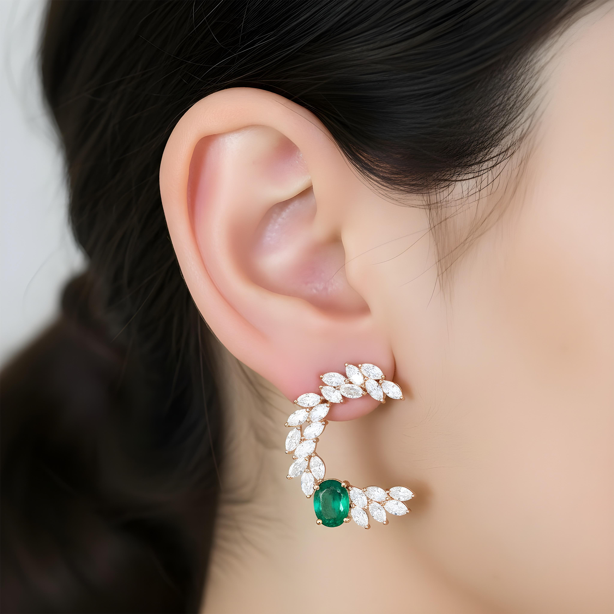 14K Yellow Gold Oval Cut Emerald & Marquise Cut Diamond Open Hoop Earrings 5.92ctw