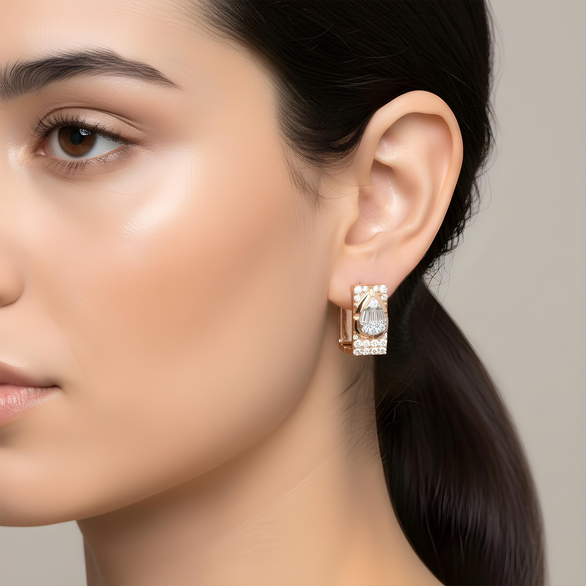 14K Two Tone Baguette & Round Diamond Square Hoop Huggie Earrings 1.20ctw