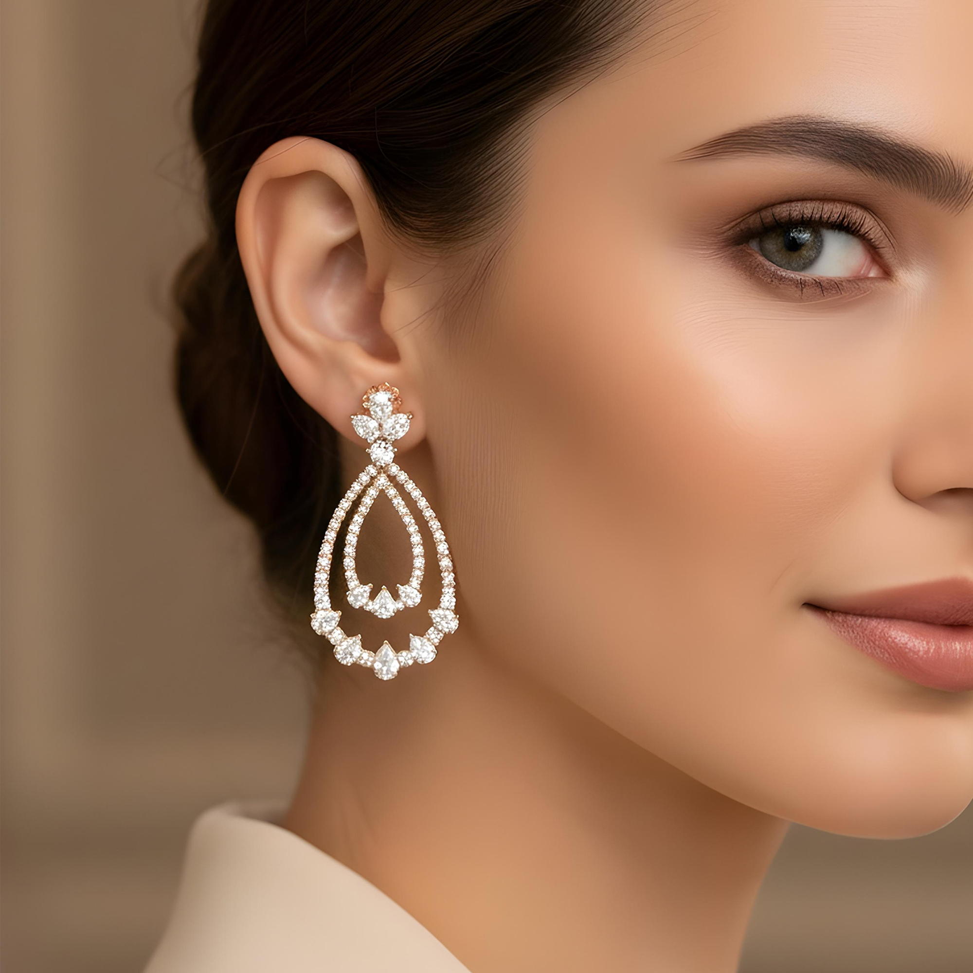 18K White Gold Double Teardrop Pear & Round Cut Diamond Earrings 10.26ctw
