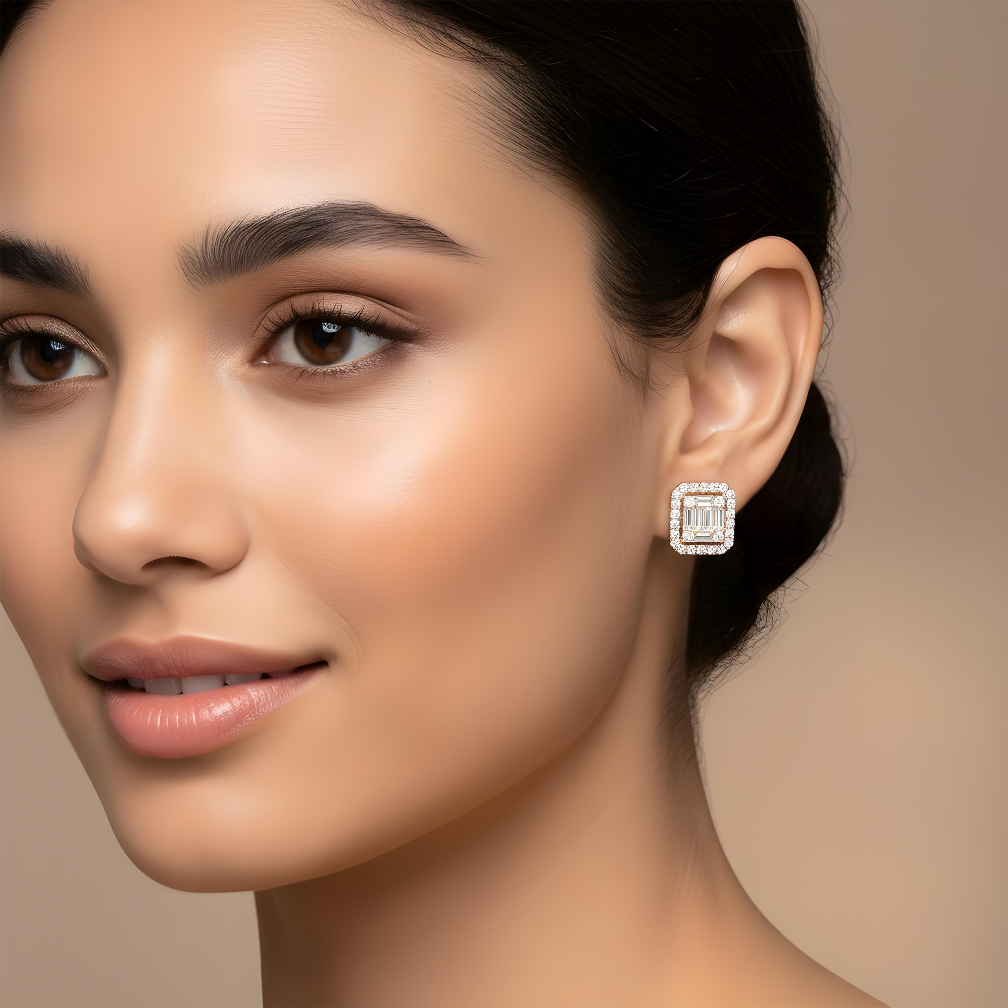 14K White Gold Baguette & Round Diamond Rectangle Studs Earrings 1.45ctw