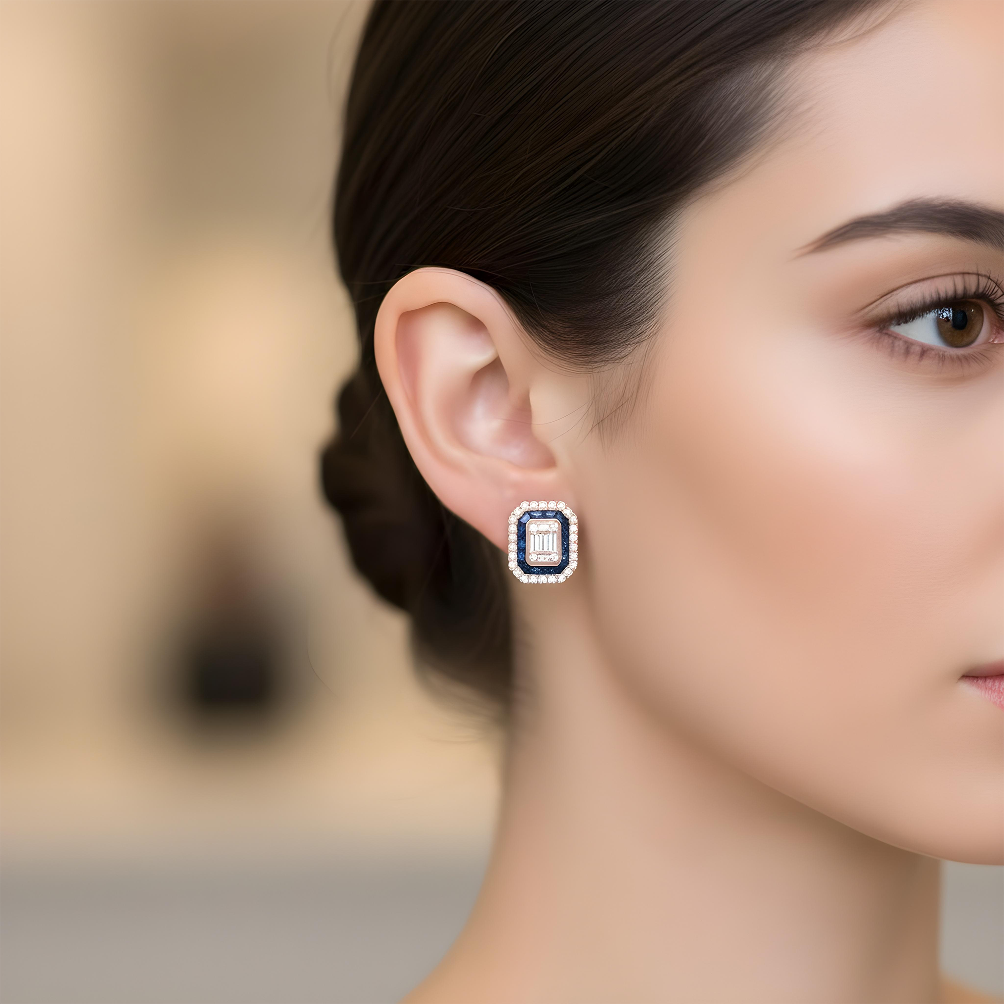 14K White Gold Sapphire & Diamond Square Stud Earrings