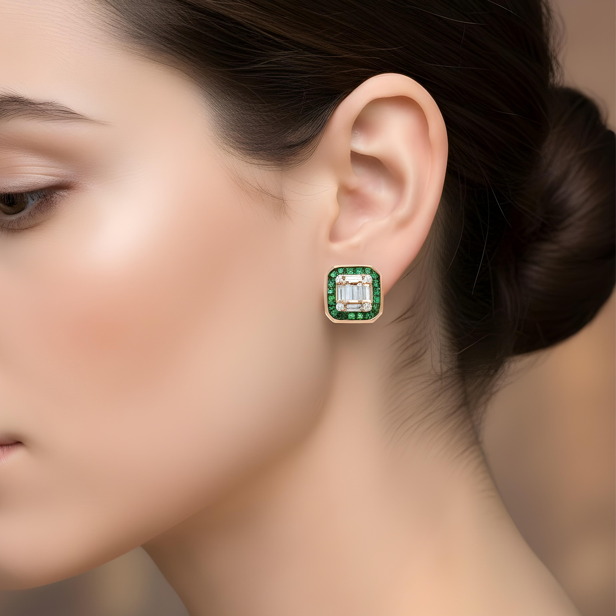 14K White Gold Emerald & Diamond Square Stud Earrings