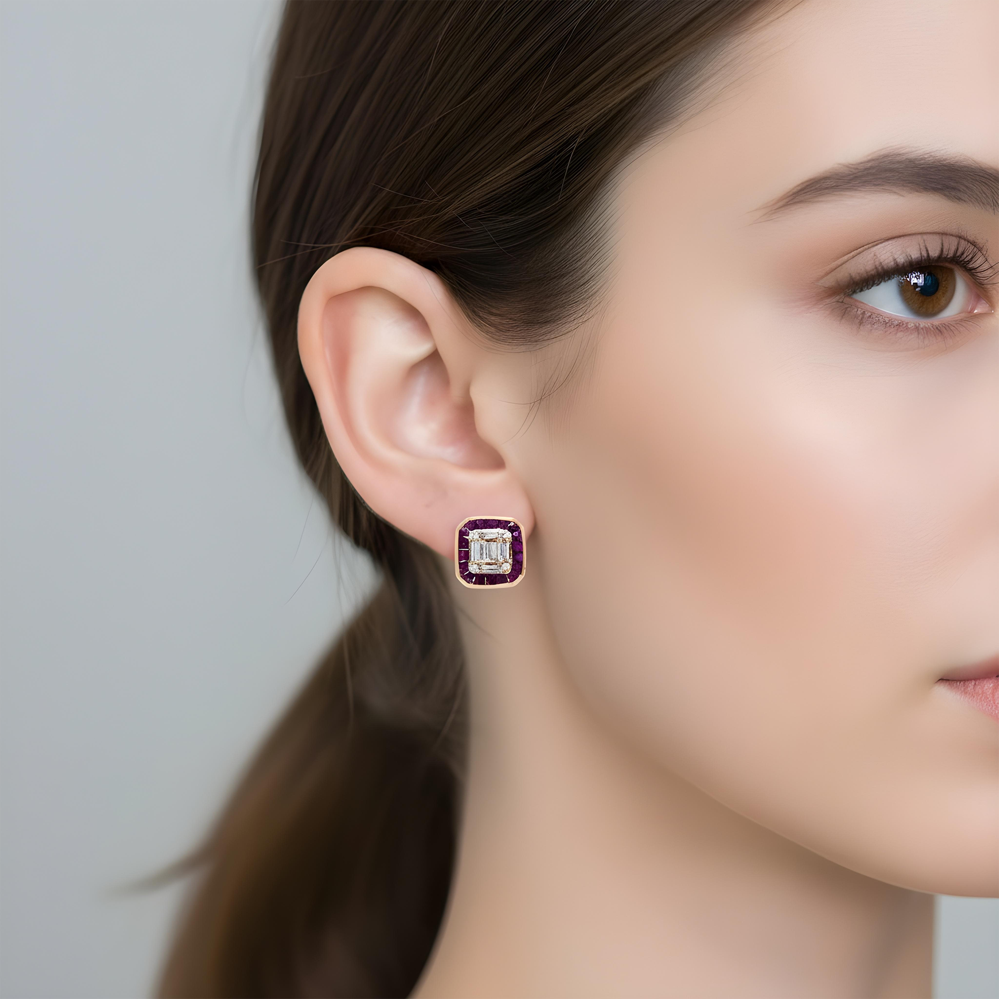 14K White Gold Ruby & Diamond Square Stud Earrings