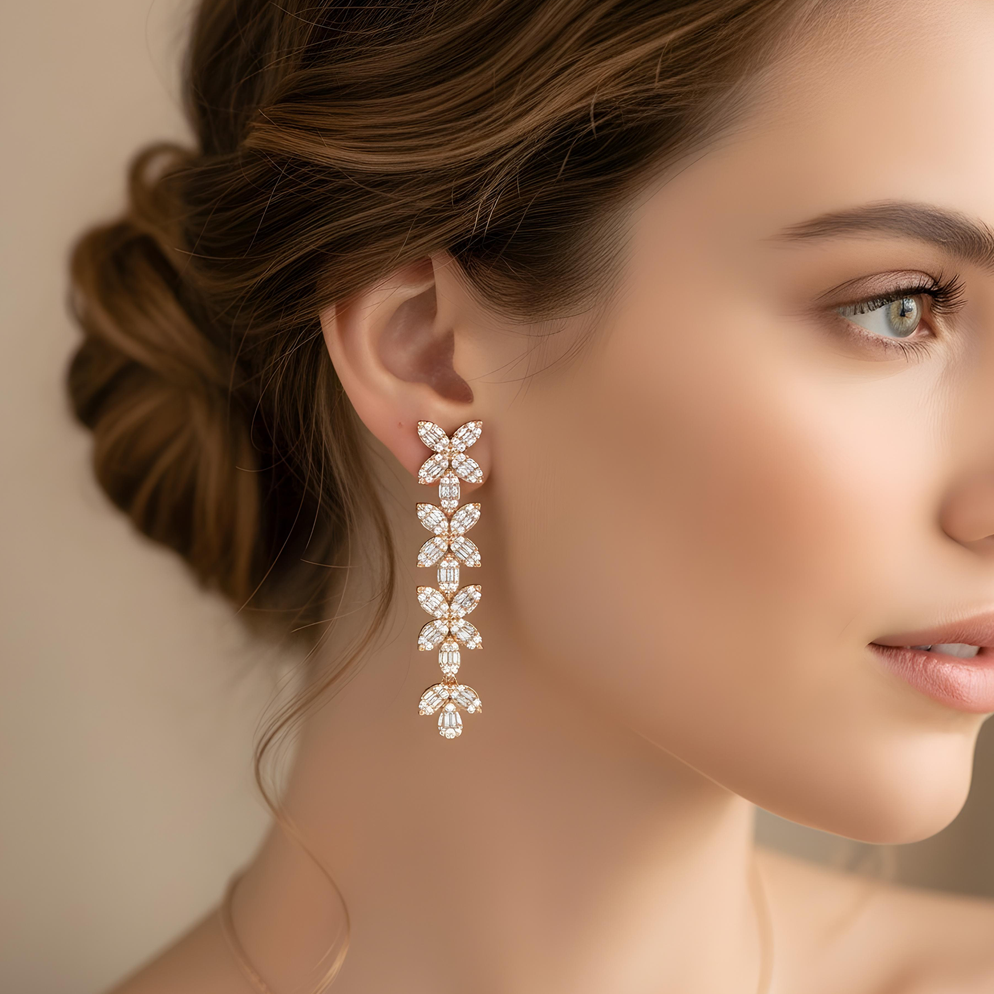 14K White Gold Baguette & Round Diamond Flower Drop Earrings 4.94ctw