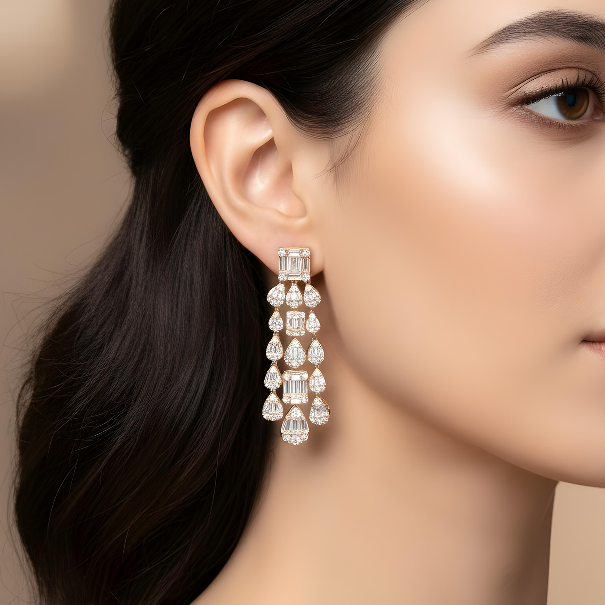 14K White Gold Triple Tier Baguette Diamond Drop Earrings 5.94ctw