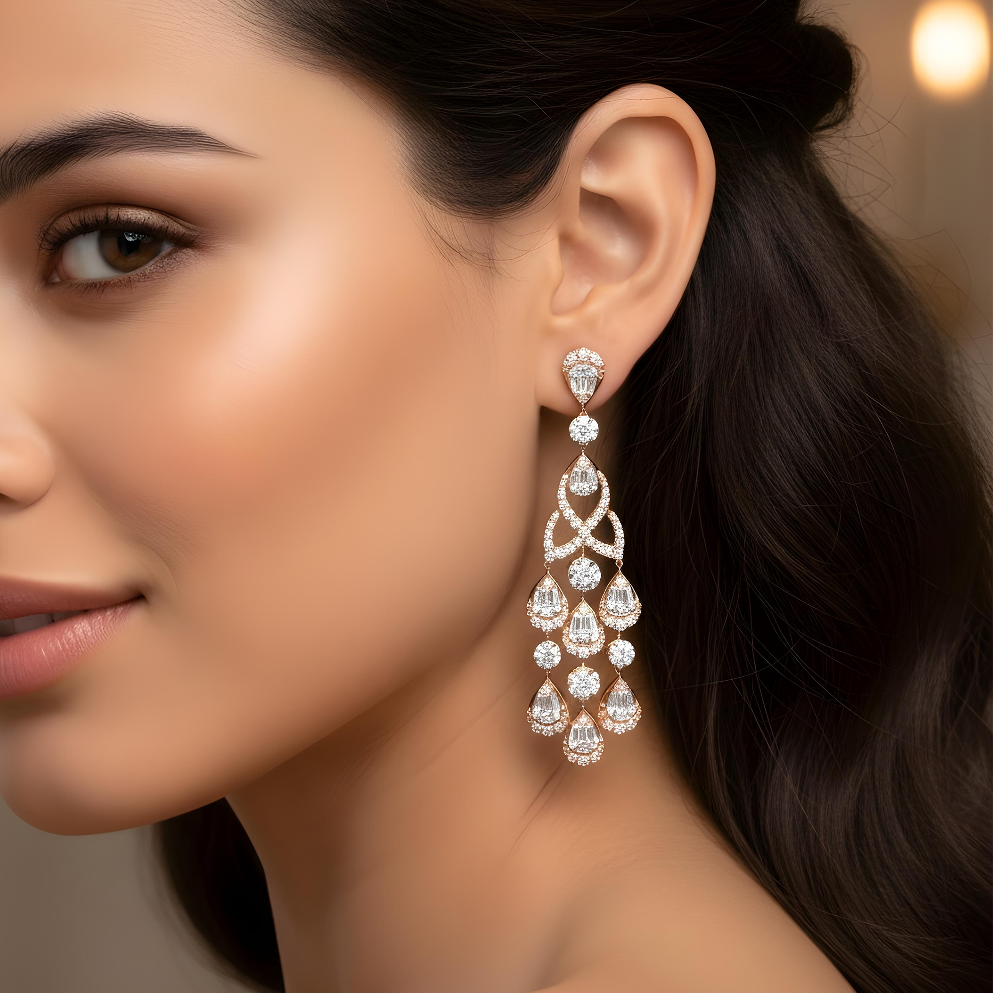 14K White Gold Antique Style Diamond Chandelier Earrings 5.51ctw