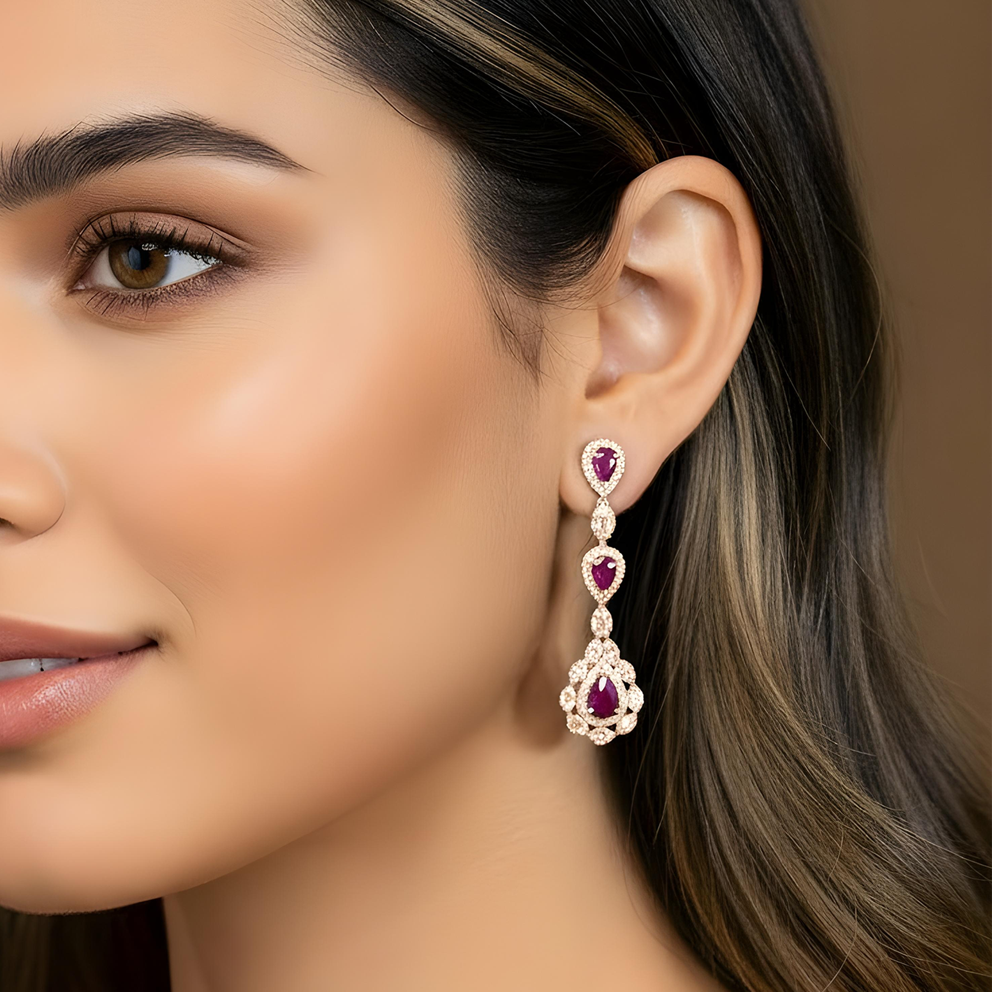 14K White Gold Ruby & Diamond Three Tier Drop Earrings